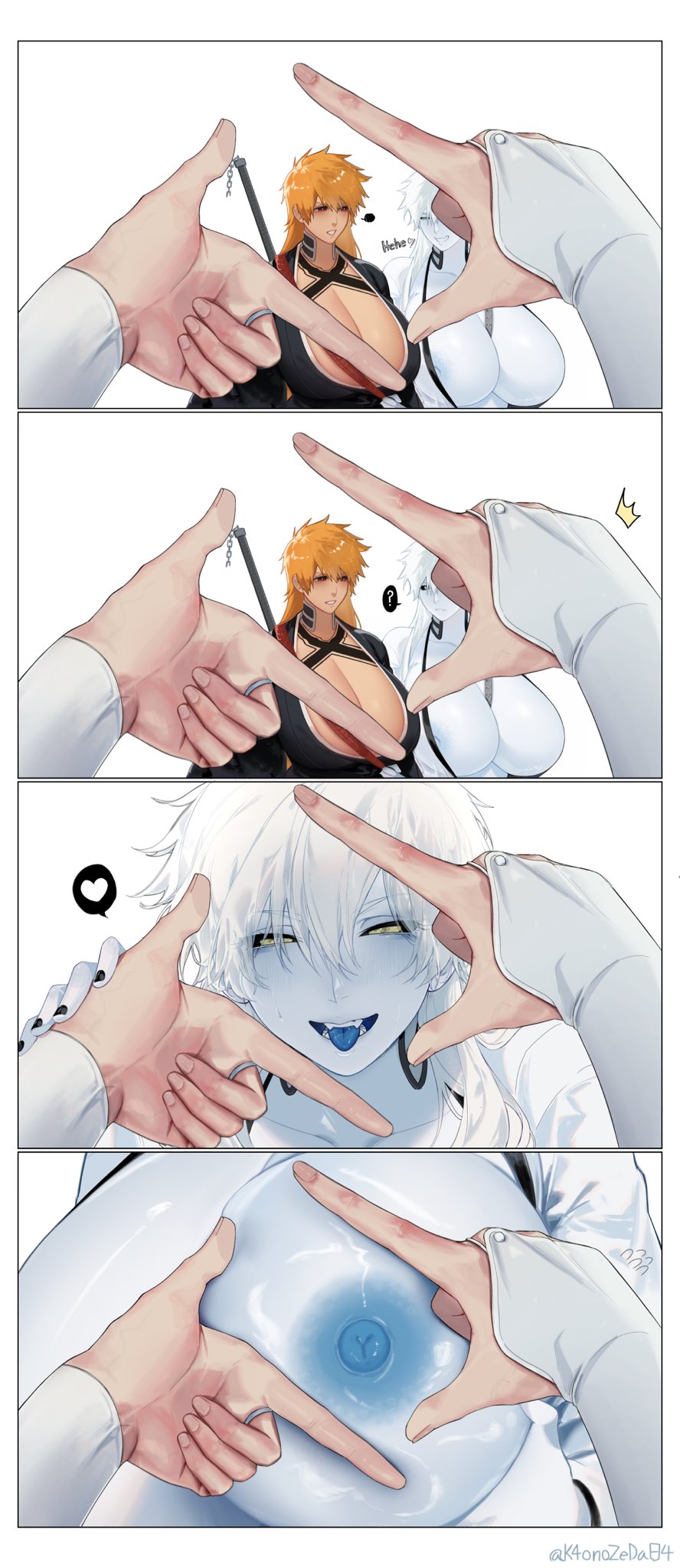 2girls bleach blue_nipples busty cleavage comic genderswap_(mtf) grey_skin hollow_(species) hollow_ichigo huge_breasts ichigo_kurosaki k4onozeda04 kuchiki_byakuya multiple_girls rule_63 tongue_out white_hair zangetsu zanpakutou_spirit