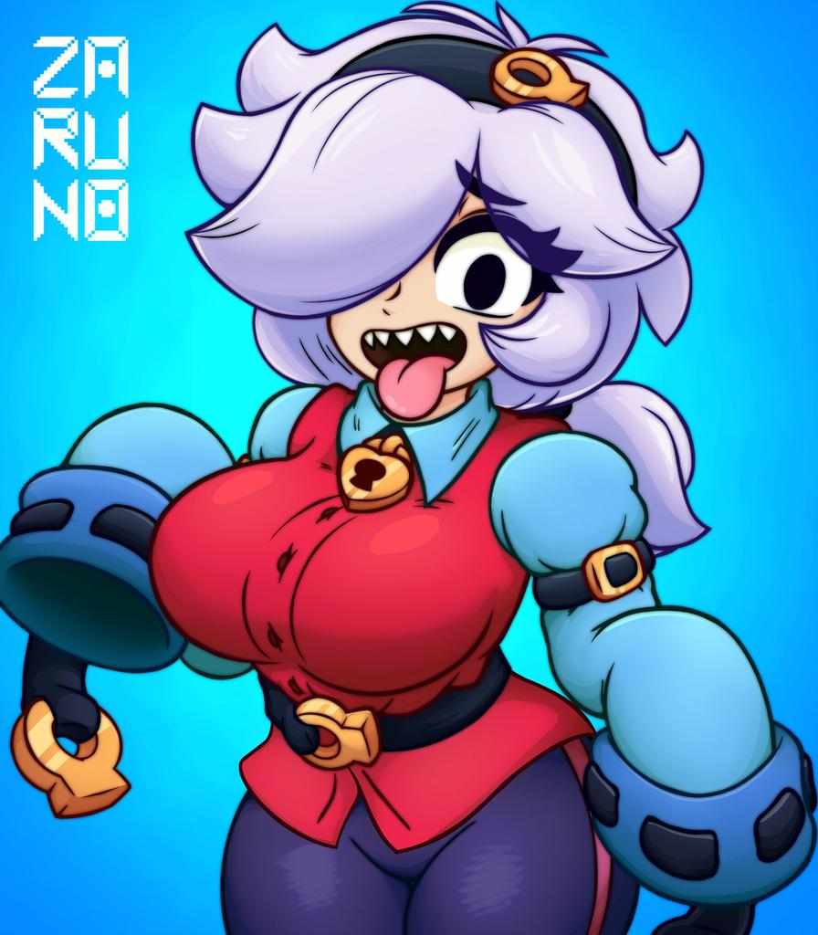 1girls big_breasts black_eyes brawl_stars breasts clothed clothed_female clothing colette_(brawl_stars) female hairband sharp_teeth thick_thighs tongue tongue_out tropzaruno white_hair zaruno