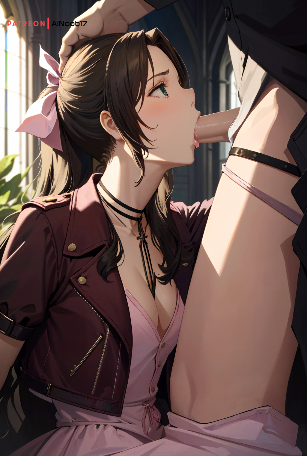 1boy, 1girls, aerith gainsborough, ai generated, ainoob17, blowjob, brown hair, fellatio, female, final fantasy, final fantasy vii, final fantasy vii remake, green eyes, hand on another's head, long hair, male, oral, oral sex, penis, pink dress, red jacket, stable diffusion, straight, tagme