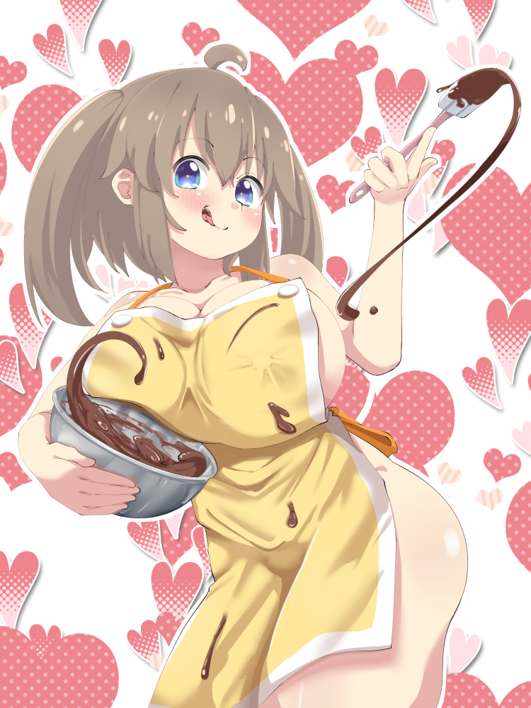 1girls :q ahoge apron bangs blue_eyes blush bowl breasts brown_hair chocolate chocolate_on_body chocolate_on_breasts cleavage collarbone covered_nipples food_on_body heart heart_background holding holding_bowl huge_breasts large_breasts looking_at_viewer marvelous minori_(senran_kagura) mixing_bowl nagashima_l naked_apron senran_kagura senran_kagura_(series) shortstack smile solo spatula tongue tongue_out twintails valentine valentine's_day whisk white_background yellow_apron