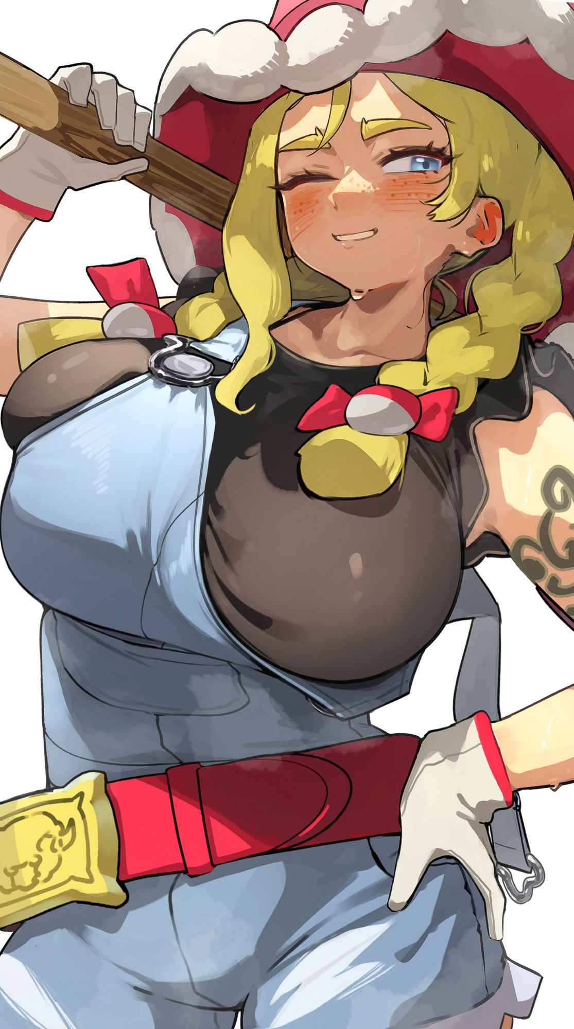 1girls, alternate breast size (larger), arm tattoo, belt, big breasts, blonde hair, blush, braid, breasts, commentary request, denim, farmer, female, female only, gloves, grin, hat, highres, hizake, hizake mozu, kashu (hizake), kitt (pokemon), large breasts, long hair, nintendo, one eye closed, overall shorts, overalls, pitchfork, pokemon, pokemon champions, red hat, rucola (pokemon), smile, solo, tan, tattoo, twin braids, white gloves
