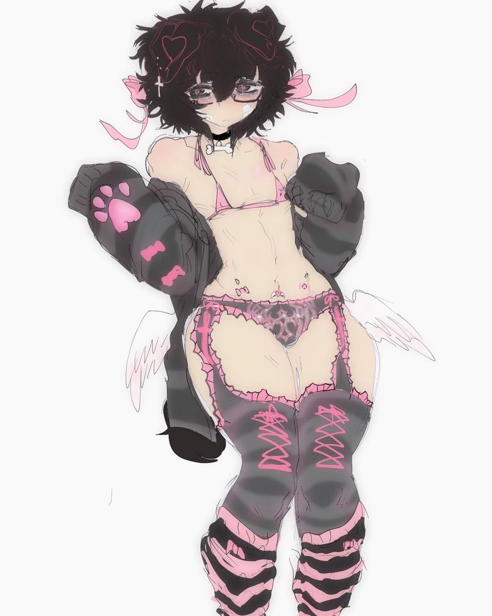 1boy alfie_(knwives) black_hair detached_sleeves dog_collar dog_ears dog_tail femboy garter_straps glasses knwives pink_bikini_top pink_ribbon source_request thick_thighs thighhighs white_wings