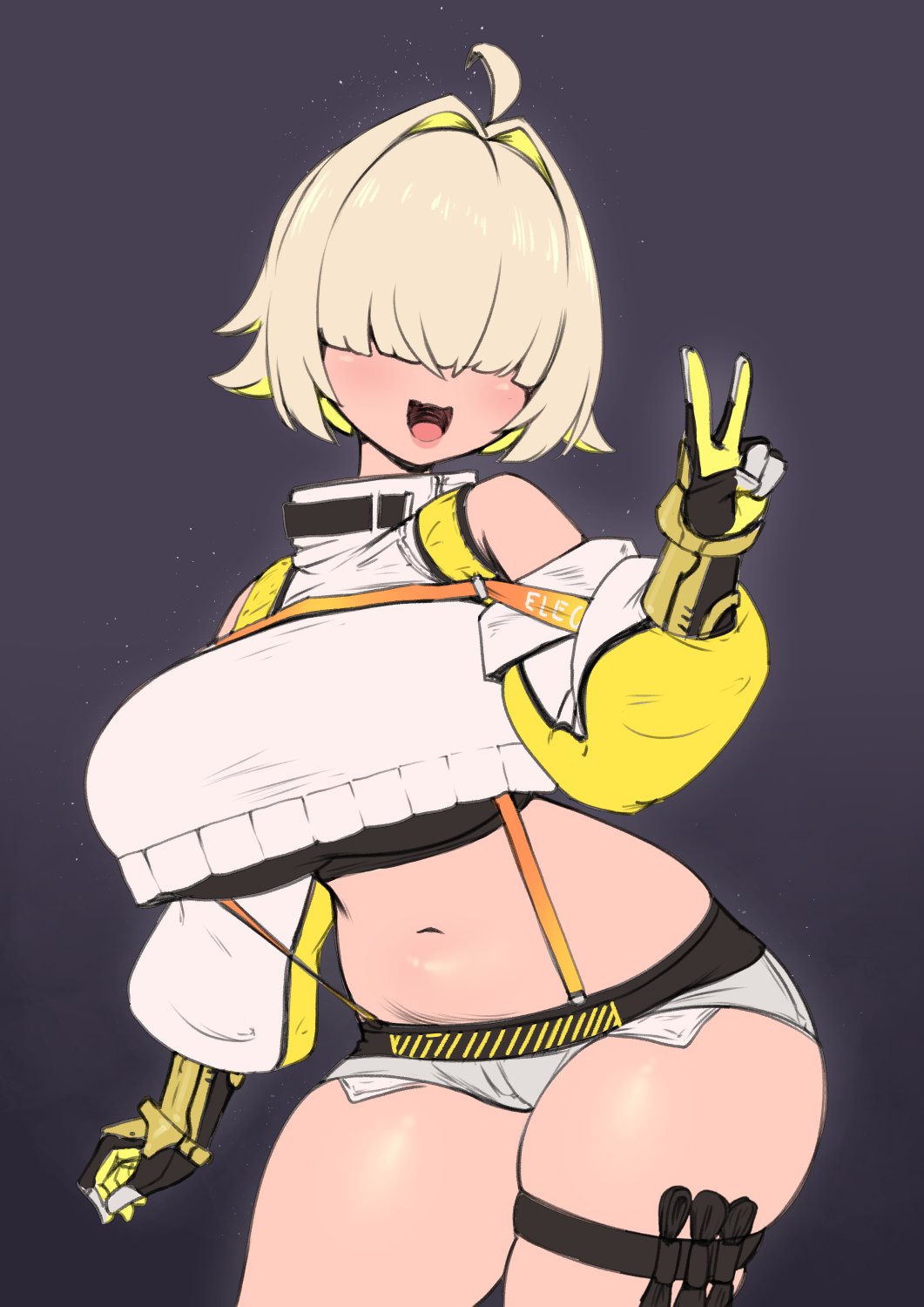 :3, :d, 1girls, ahoge, bangs, bare shoulders, black background, blonde hair, blush, breasts, colored inner hair, covered eyes, cowboy shot, crop top, cropped jacket, curvy, elegg (nikke), female, gloves, goddess of victory: nikke, hair intakes, hair over eyes, huge breasts, jacket, large breasts, micro shorts, midriff, multicolored hair, navel, open mouth, plump, plump ass, short hair, short shorts, shorts, shortstack, simple background, skindentation, smile, solo, suspenders, thick thighs, thigh strap, thighs, two-tone hair, v, whomperfruit