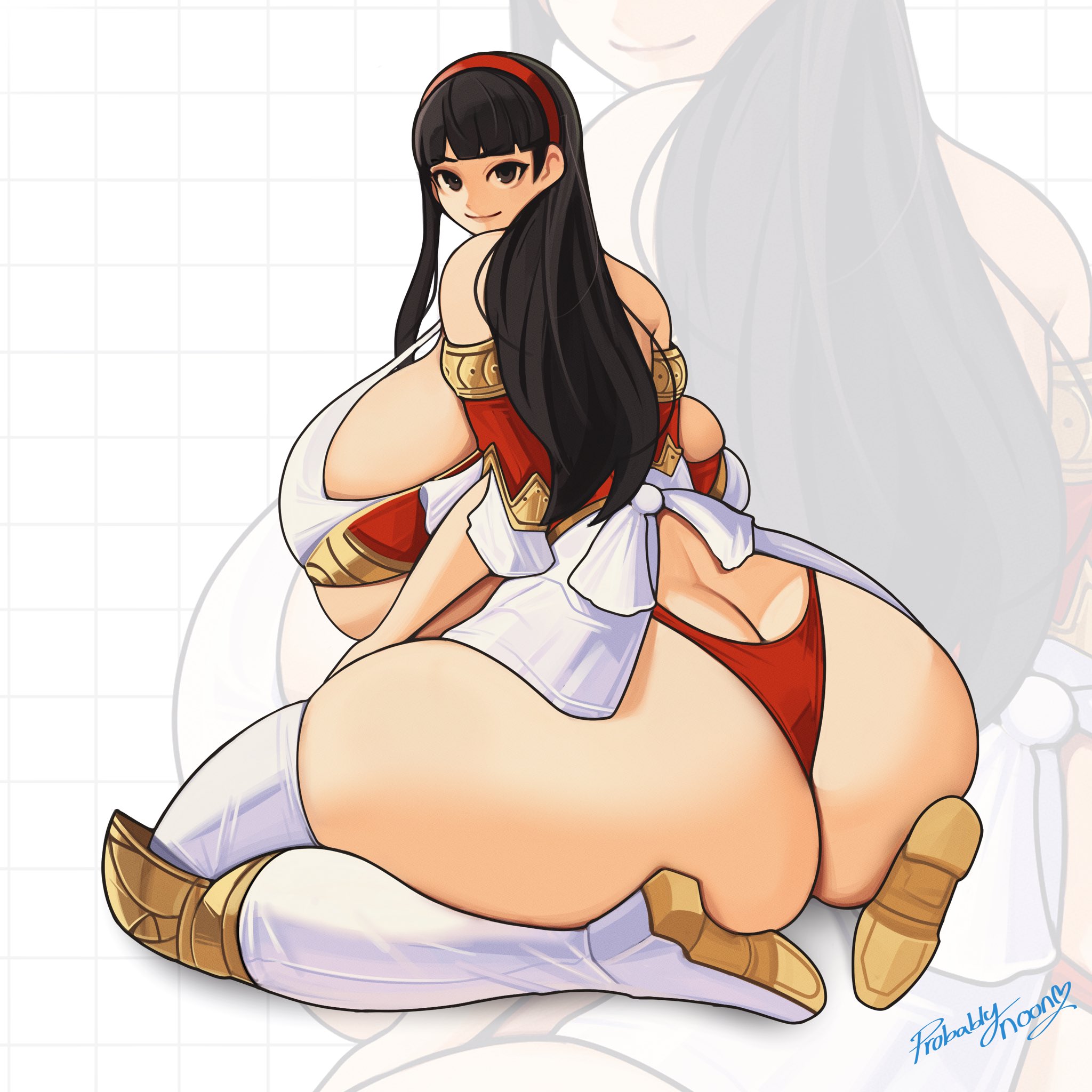 1girls, 2024, absurd res, amagi yukiko, ass, ass cleavage, ass crack, atlus, black hair, breasts, brown eyes, butt crack, curvaceous, curvy, female, female focus, high-cut armor (persona), huge ass, huge breasts, huge thighs, long hair, looking at viewer, looking back, magical armor (persona), official alternate costume, on knees, overflowing breasts, persona, persona 4, persona 4 the golden, probablynoon, solo, solo female, solo focus, thick thighs, thighs, thong, underboob, voluptuous