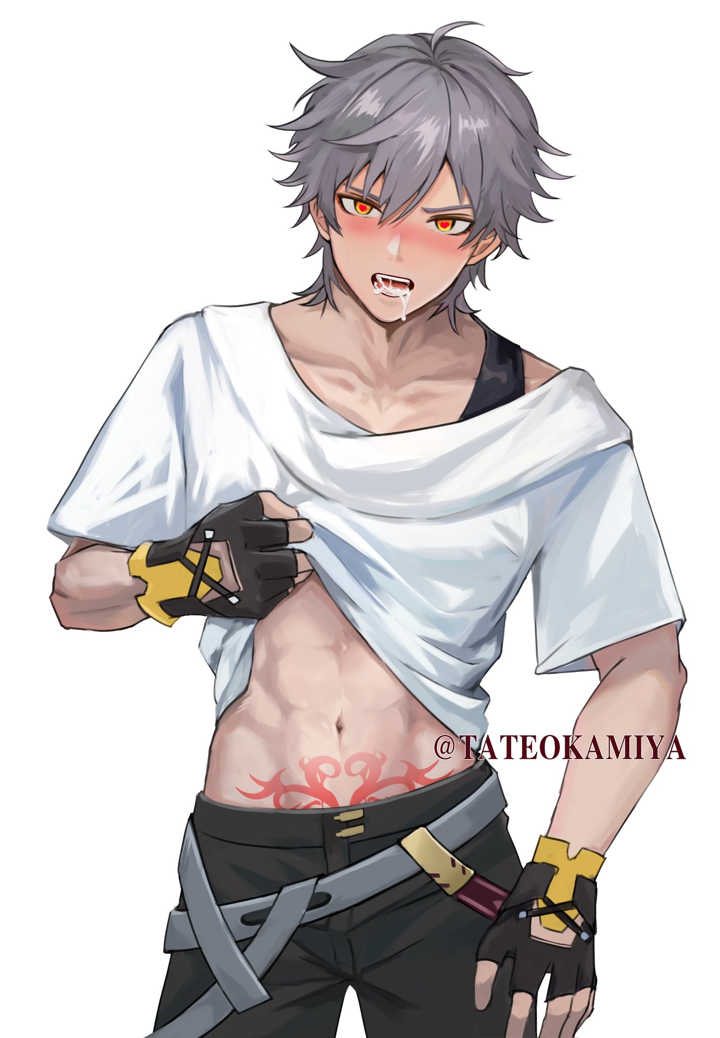 1boy, artist name, artist signature, blush, blushing, caelus (honkai: star rail), fingerless gloves, grey hair, heart-shaped pupils, honkai: star rail, hypnosis, lifting shirt, male, male only, muscular, muscular male, pubic tattoo, saliva, solo, tateokamiya, twink