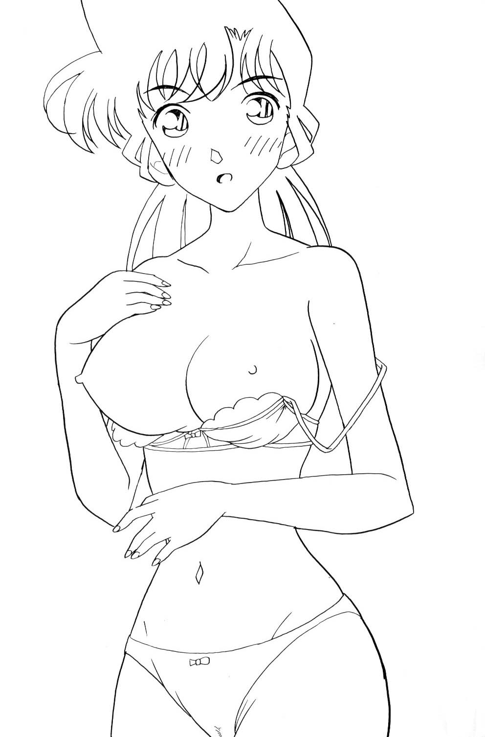 bra breasts detective_conan female female_only front_view human monochrome panties partially_clothed ran_mouri solo standing tagme wide-set_eyes