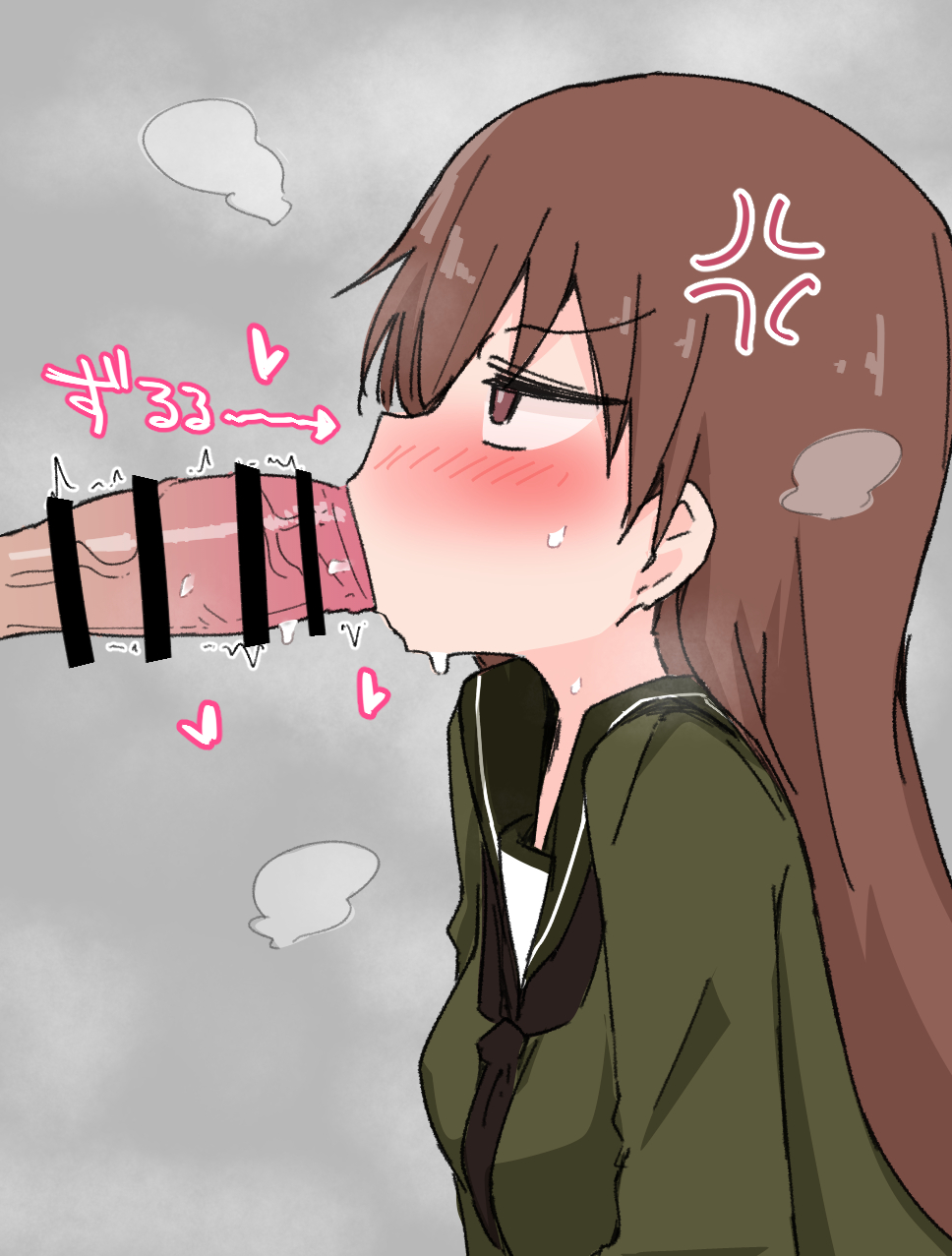 1boy ame_(amechan17391739) anger_vein angry blush brown_eyes brown_hair fellatio female grey_background highres kantai_collection long_hair ooi_(kancolle) oral penis school_uniform serafuku simple_background steam steaming_body straight