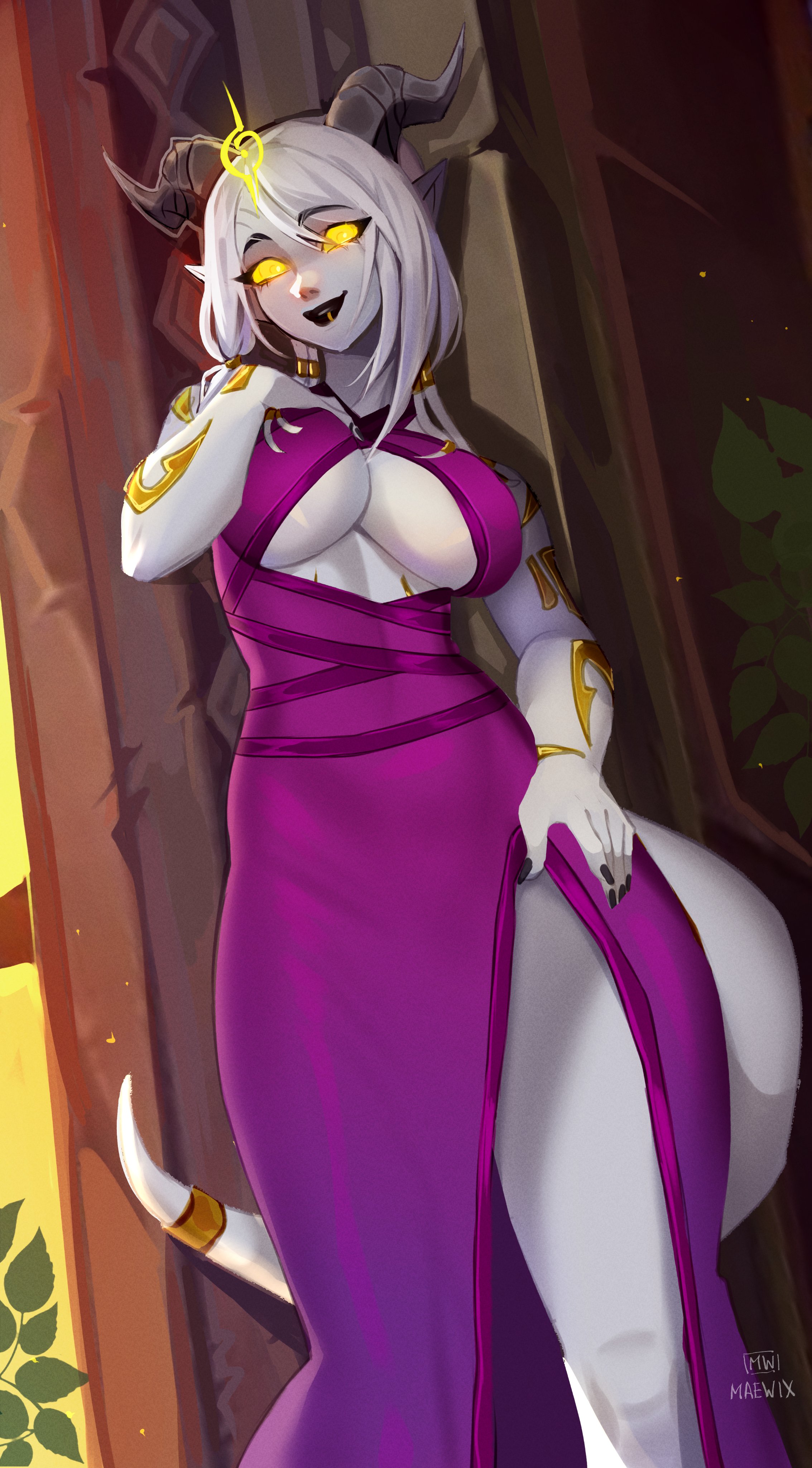 1girls, absurd res, black lips, blizzard entertainment, draenei, dress, empty eyes, female, female only, glowing eyes, horns, lightforged draenei, looking at viewer, maewix1, pointy ears, smiling, smiling at viewer, solo, tail, warcraft, white body, white hair, world of warcraft, yellow eyes