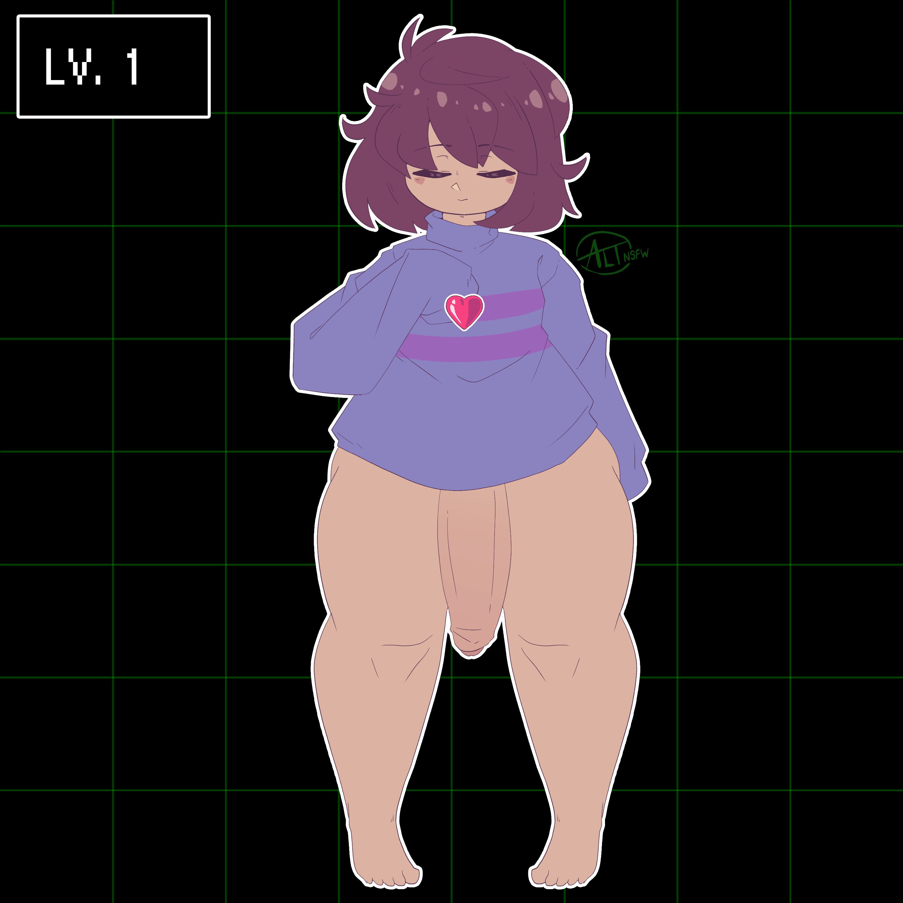 1boy, 2d, adorable, altnsfw, barefoot, big penis, brown hair, closed eyes, cute, dark skin, dark-skinned femboy, dark-skinned male, dark-skinned sissy, dark-skinned twink, enormous penis, femboy, femboy frisk, frisk, game ui, gameplay mechanics, girly, huge cock, human, human male, human only, hung trap, male, male only, no pants, partially clothed, penis, penis to the knees, purple turtleneck, shirt only, solo, standing, sweater, tan skin, thick thighs, thighs, turtleneck, undertale, undertale (series)