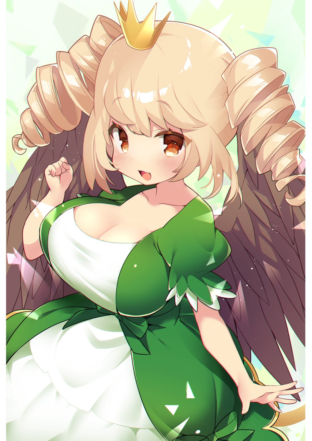 1girls :d alternate_breast_size bangs blonde_hair blush bow breasts brown_eyes brown_wings cleavage collarbone cosmic_sasami crown dress drill_hair feathered_wings female green_bow green_dress grifo_(puyopuyo) hand_up hi_res large_breasts long_hair looking_at_viewer mini_crown msp_sammy open_mouth orange_eyes puffy_short_sleeves puffy_sleeves puyo_puyo puyo_puyo_quest ringlets short_sleeves shortstack smile solo taut_clothes taut_dress tilted_headwear twin_drills twintails wings