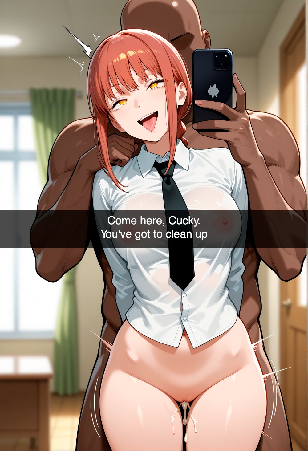 1boy, 1girls, ai generated, chainsaw man, cum, cum in pussy, cum inside, dark skin, dark-skinned male, english text, female, femdom, from behind, interracial, k4atlas, makima (chainsaw man), male, pussy, red hair, snapchat, text, vaginal penetration