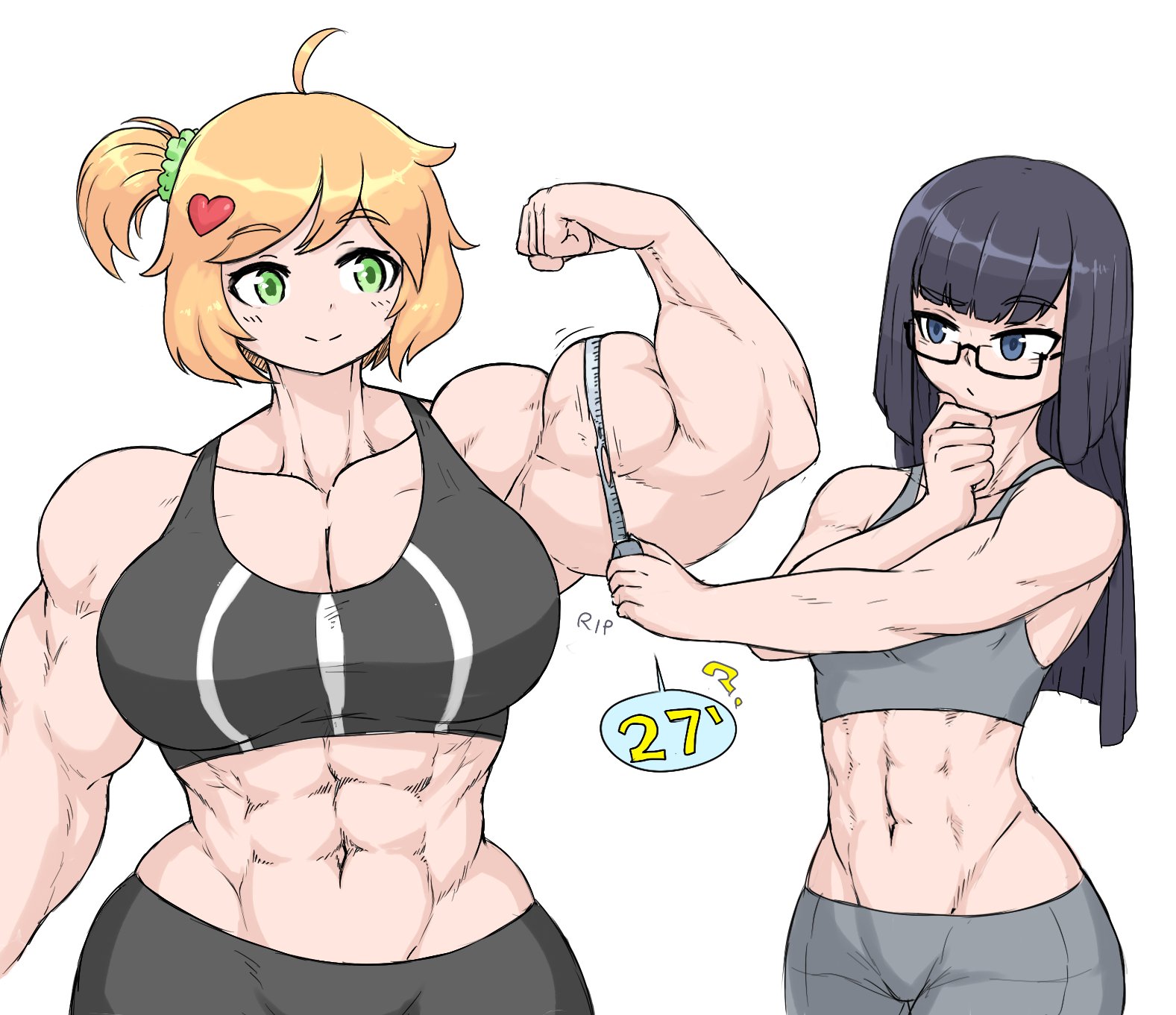 2girls, abs, big breasts, bigger female, blonde hair, blush lines, breasts, female, flexing bicep, green eyes, harper (sheepapp), multiple females, multiple girls, muscular, muscular arms, muscular body, muscular female, ruler, sheepapp, small breasts, smiling, sports bra, sports uniform, sportswear, text, violet eyes, violet hair