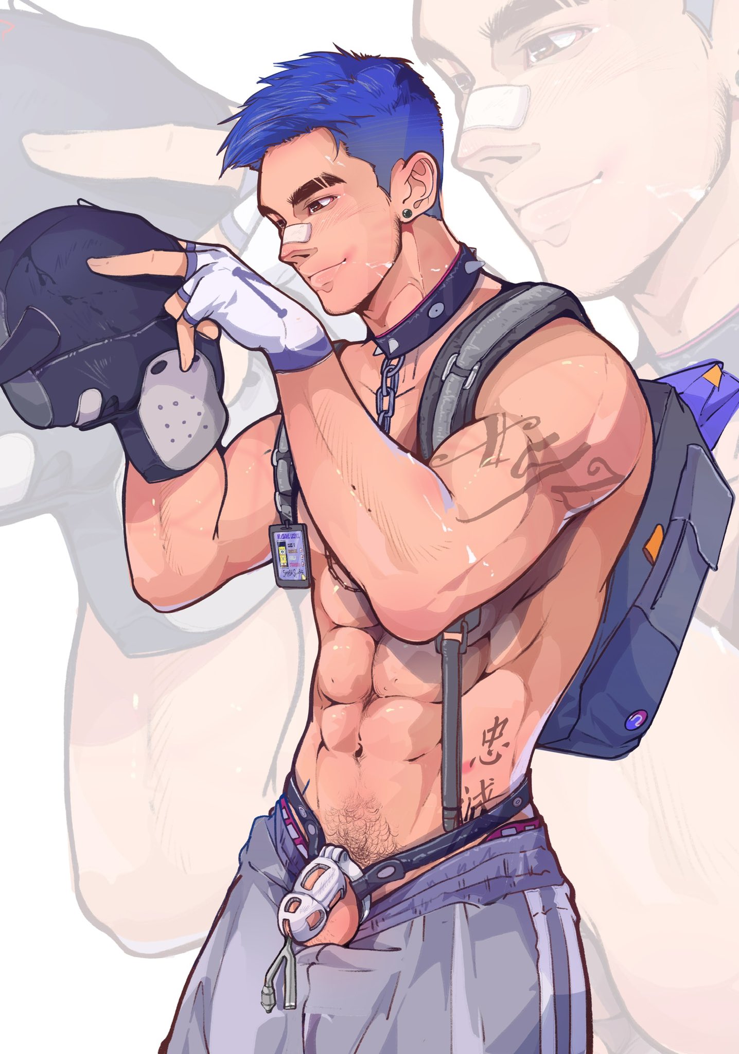 1boy, abs, bandage, chastity, chastity cage, chastity device, cock, cokeoysters, fingerless gloves, male, male only, original, original character, partially clothed, penis, pubic hair, pup mask, shirtless, shirtless male, six pack, solo, sounding, spiked collar, tagme, tattoo, urethral insertion