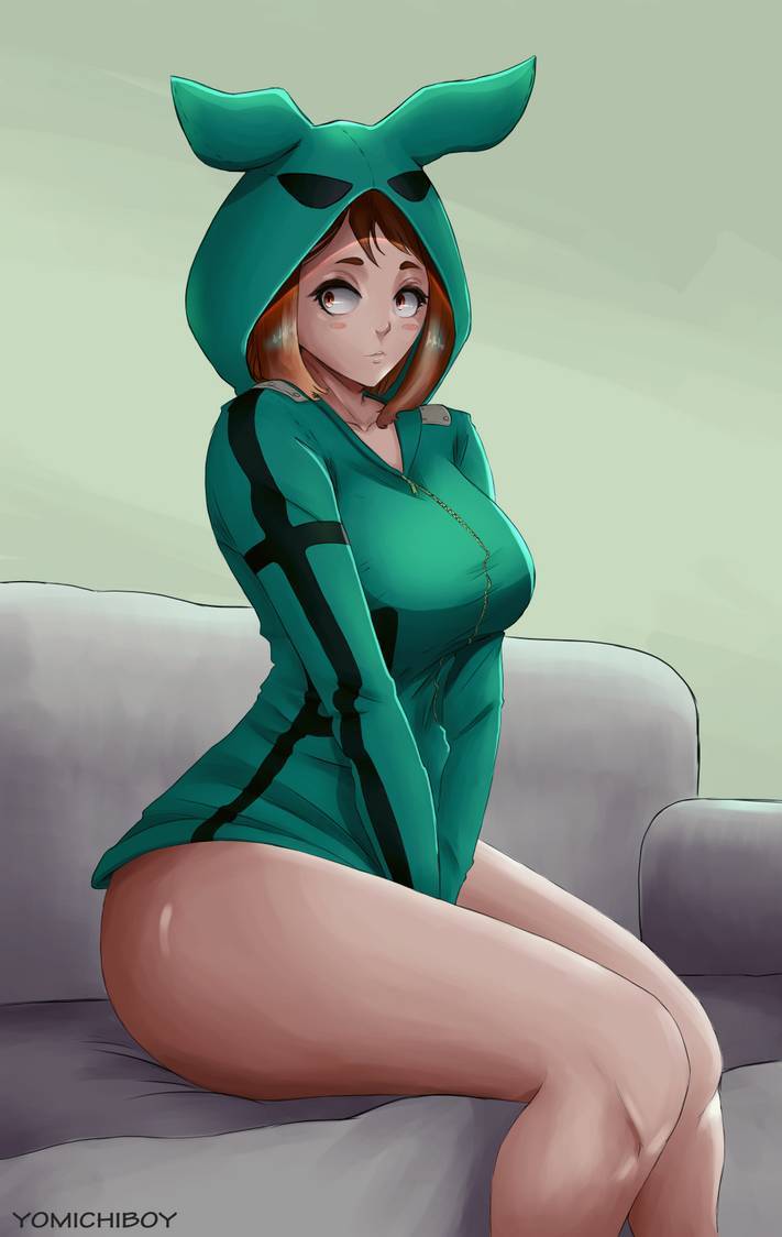 1girls 2d ass bare_legs brown_eyes brown_hair clothing_pull female_only hood_up hoodie long_sleeves my_hero_academia no_pants ochako_uraraka sitting solo sweater yomichiboy