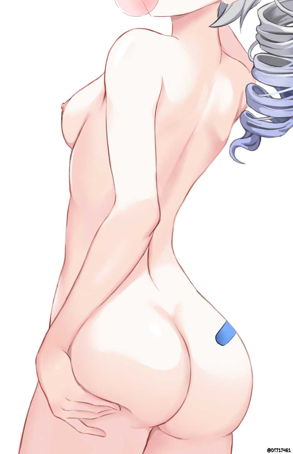 ass ass_focus ass_grab big_ass bottom_heavy breasts chewing_gum child_bearing_hips completely_nude drill_hair female from_behind grabbing_own_ass grey_hair haru_(dt717461) highres honkai:_star_rail honkai_(series) huge_ass nipples nude pear-shaped_figure pear_shaped pear_shaped_female ponytail silver_wolf_(honkai:_star_rail) small_breasts solo thick_thighs thunder_thighs twitter_username white_background wide_hips