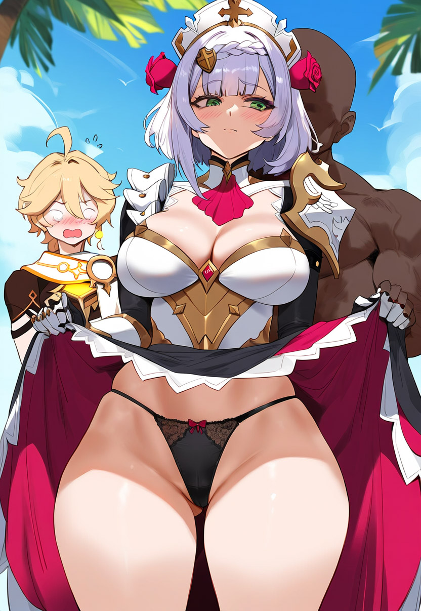1boy, 1girls, 2boys, aether (genshin impact), ai generated, blush, breasts, cleavage, dark skin, dark-skinned male, dress, elbow gloves, embarrassed, female, genshin impact, green eyes, hat, large breasts, lingerie, male, netorare, noelle (genshin impact), ntr, panties, skirt, skirt lift, skirt up, sky, smile, thighs