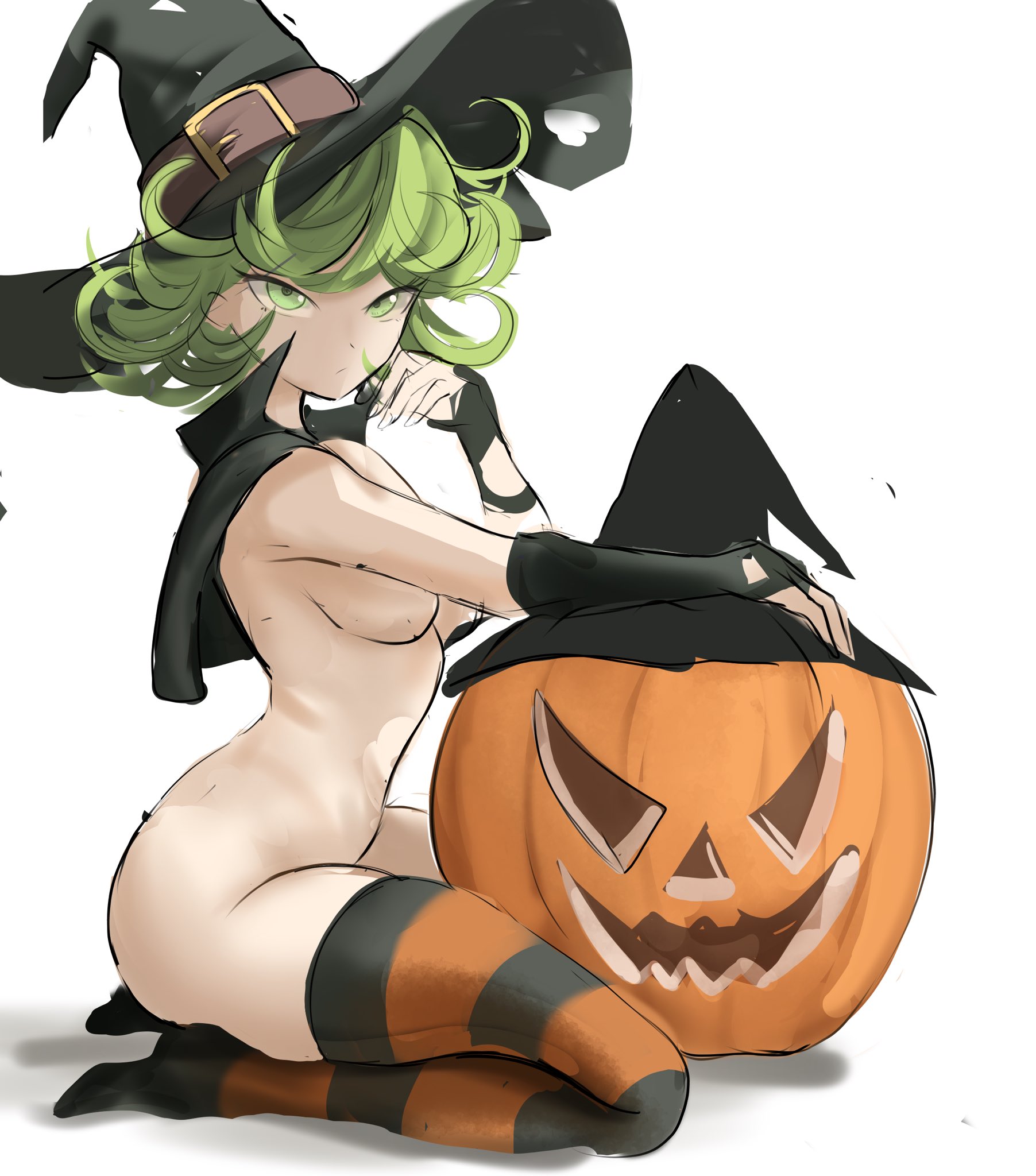 1girls, 2d, 2d (artwork), breasts, cape, female, female focus, female only, fingerless gloves, green eyes, green hair, green-haired female, halloween, looking at viewer, nude, nude female, one-punch man, pumpkin, rakeemspoon, sitting, small breasts, stockings, tatsumaki, white background, witch costume, witch hat