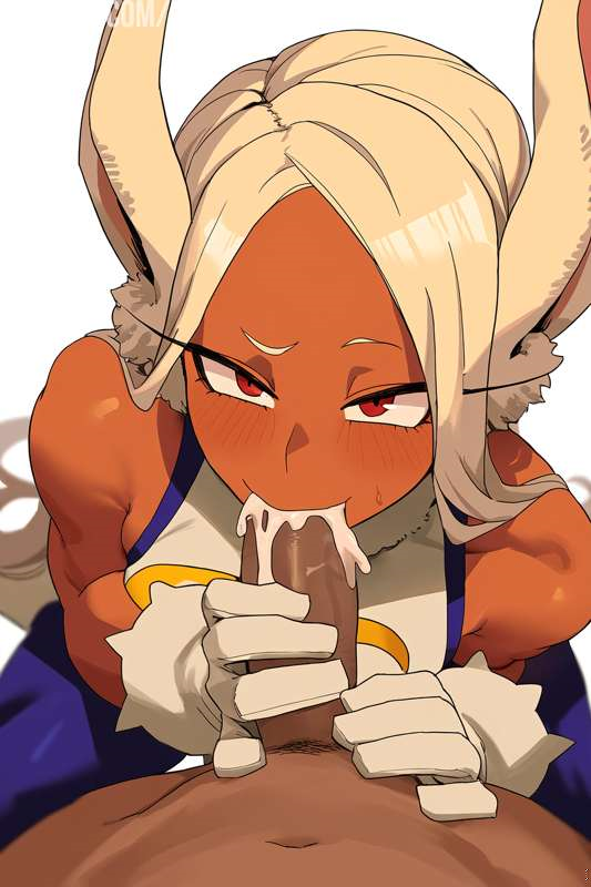 1boy 1girls ai_generated blowjob boku_no_hero_academia bunny_ears cum cum_in_mouth cum_inside long_hair looking_at_viewer mirko miruko my_hero_academia oral red_eyes rumi_usagiyama rumi_usagiyama_(hero_outfit) tagme white_hair