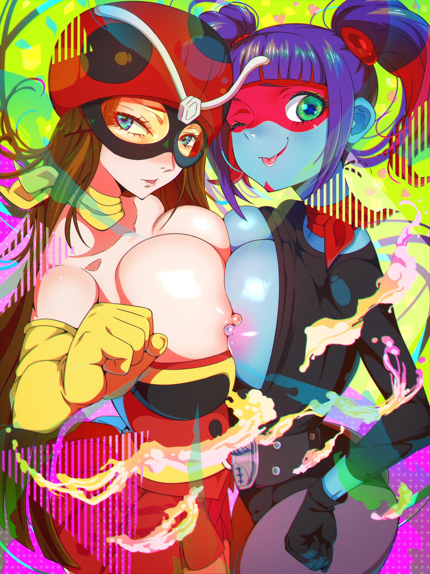 2girls, big breasts, blue body, blue eyes, blue skin, breasts, curvy, electro wave human tackle, embarrassed, female, female only, green eyes, human, kamen rider, long hair, nipples, okada yuriko, rbx lamen, shocker (kamen rider), squeezing, squeezing breast, superhero costume, superheroine, supervillain, tongue, tongue out, toujima tanzaburou wa kamen rider ni naritai, twintails, villainess, yukarisu