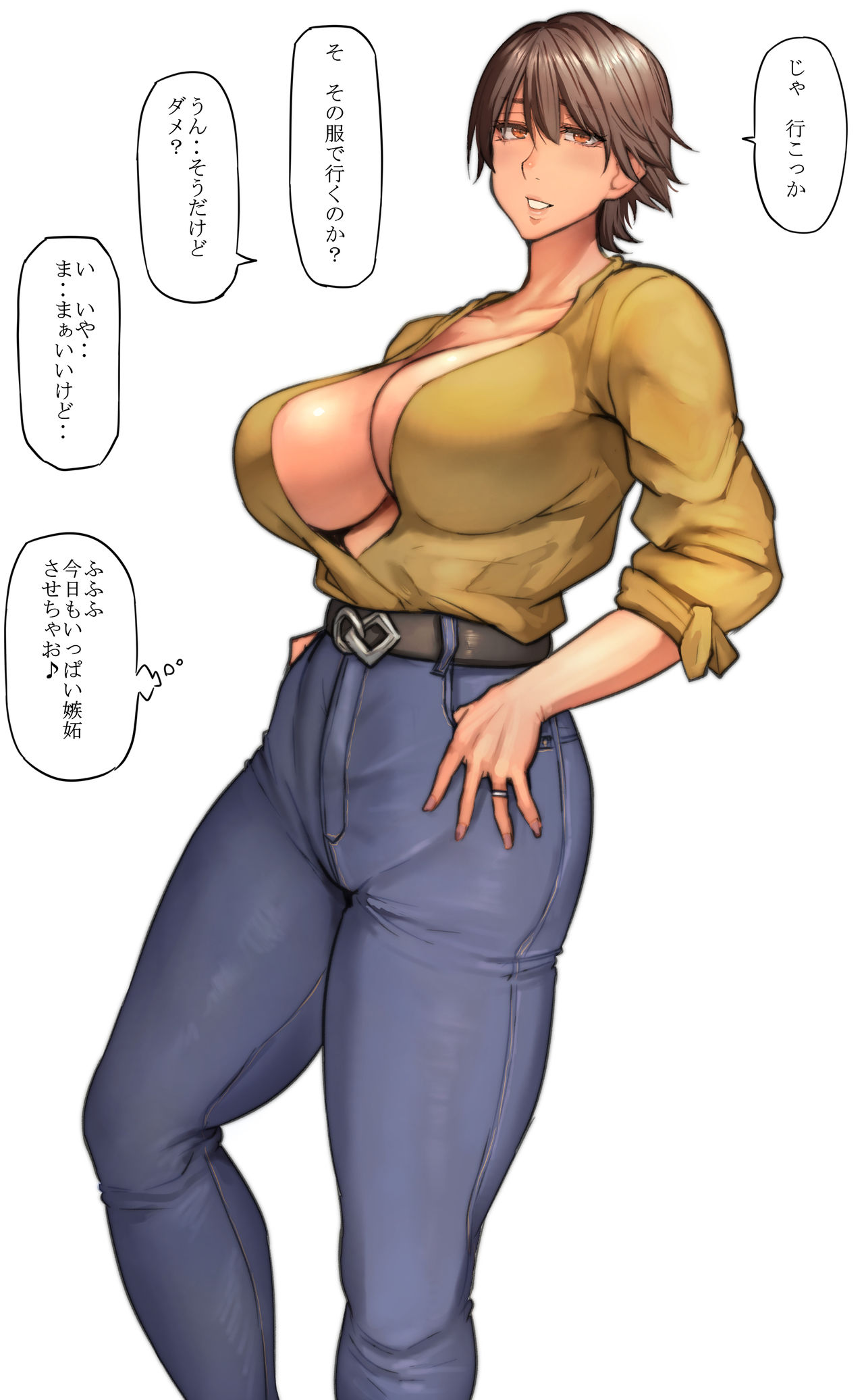 1girls, 2020, absurd res, belt, breasts, brown hair, cleavage, clothing, dialogue, female, female only, hair between eyes, hands in pockets, highres, huge breasts, japanese text, looking at viewer, mature female, offscreen character, orange eyes, orange-eyed aunt (pepe (jonasan)), original, pants, pepe (jonasan), revealing clothes, ring, shirt, short hair, simple background, smile, solo, speech bubble, standing, teeth, text, thought bubble, tight clothing, tomboy, translated, wedding ring, white background, yellow shirt