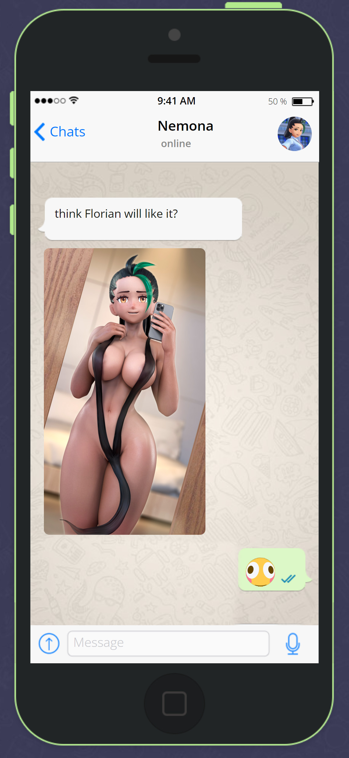 3d, 3d (artwork), ass, bedroom, big ass, big breasts, big butt, boobs, breasts, brown eyes, dark skin, female, female focus, female only, green hair, looking at viewer, nemona (pokemon), phone, pokemon, pokemon sv, selfie, ssurface, thick thighs, thighs