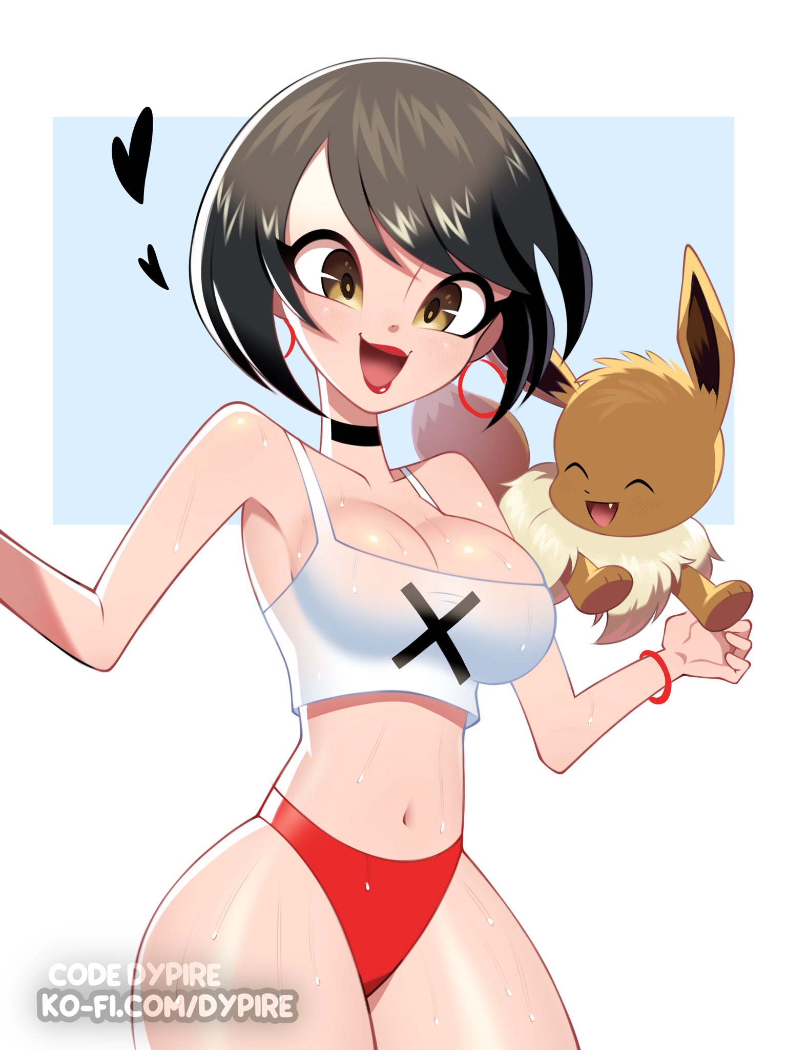 armpits, belly, belly button, black hair, bracelet, breasts, chocker, cleavage, crop top, dypire, earrings, eevee, evie (fortnite), female, female only, fortnite, heart, pink lipstick, pokemon, pokemon (species), red panties, short hair, slim waist, smile, tagme, thick thighs, thong, wet, wide hips, yellow eyes