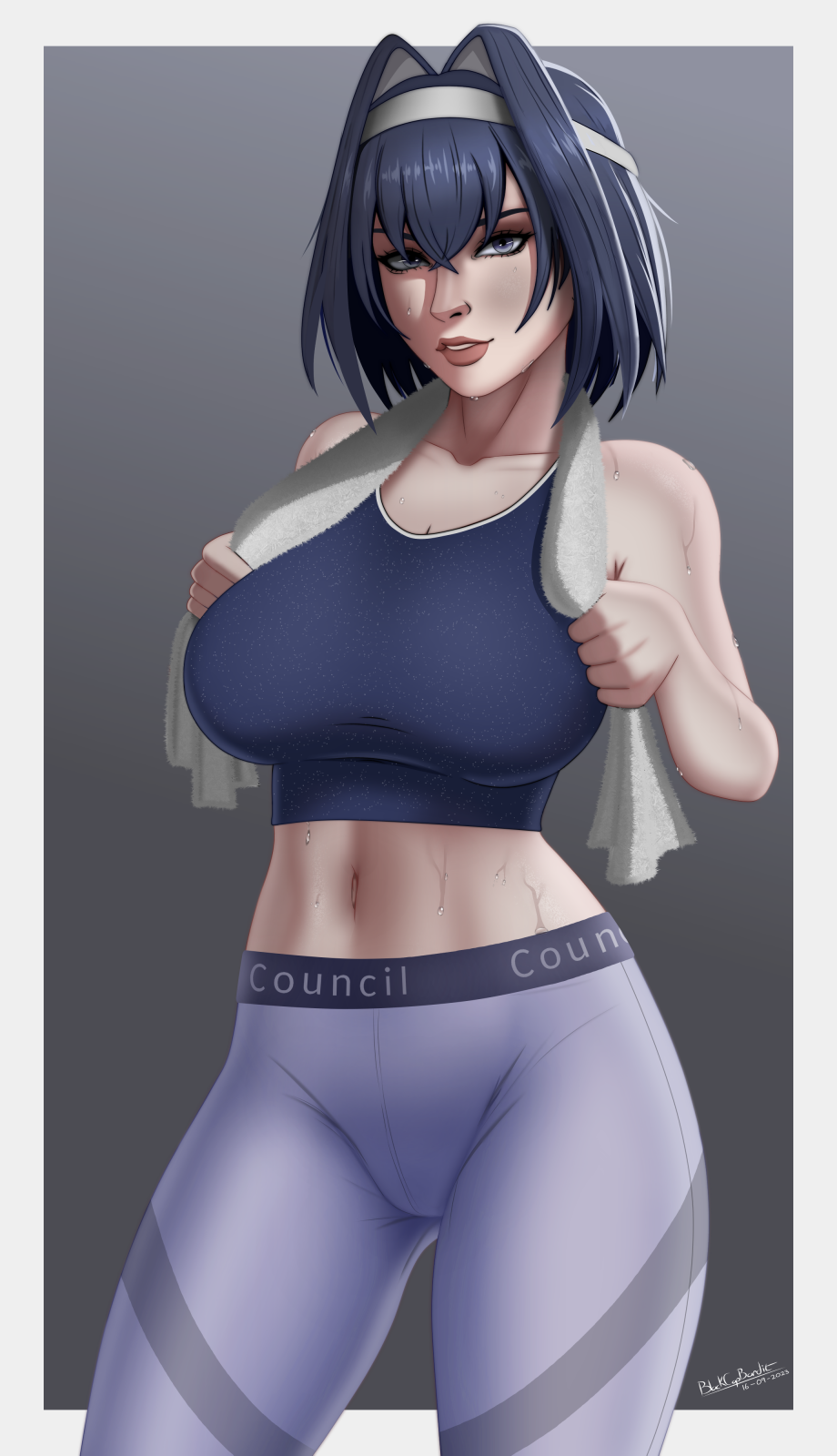 big_breasts blackcapbandit blue_eyes blue_hair eyelashes gym gym_uniform headband hololive hololive_english hololive_english_-council- hololive_english_-promise- leggings ouro_kronii pinup short_hair sports_uniform sportswear sweat tank_top virtual_youtuber yoga_pants