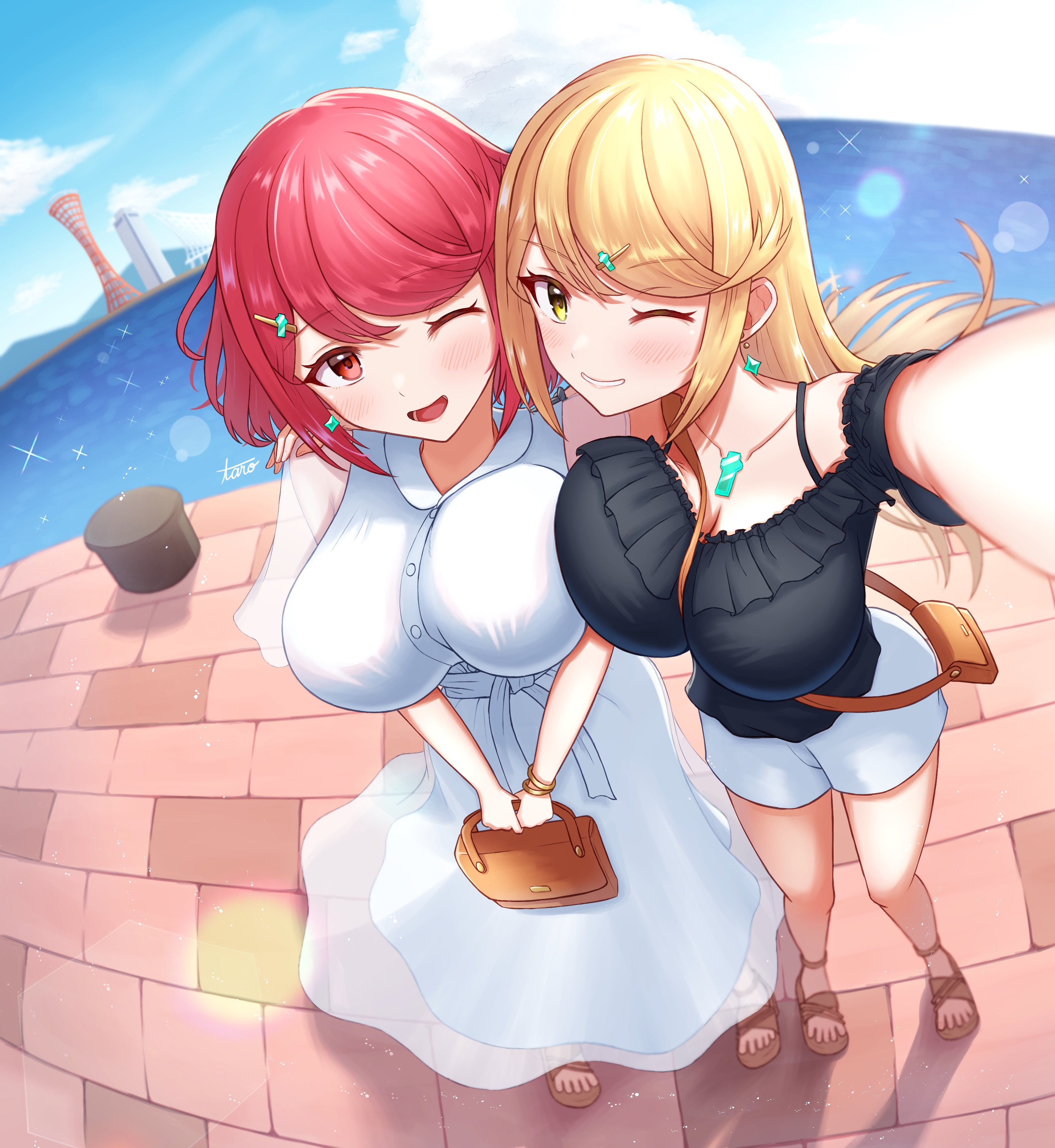 2girls, black shirt, blonde hair, breasts, clouds, core crystal, dock, dress, earrings, female, hairclip, handbag, large breasts, long hair, looking at viewer, mythra, nintendo, ocean, outside, purse, pyra, red eyes, red hair, sandals, satchel, selfie, shirt, short hair, shorts, sky, taro (peach taro51), white dress, white shorts, xenoblade (series), xenoblade chronicles 2, yellow eyes