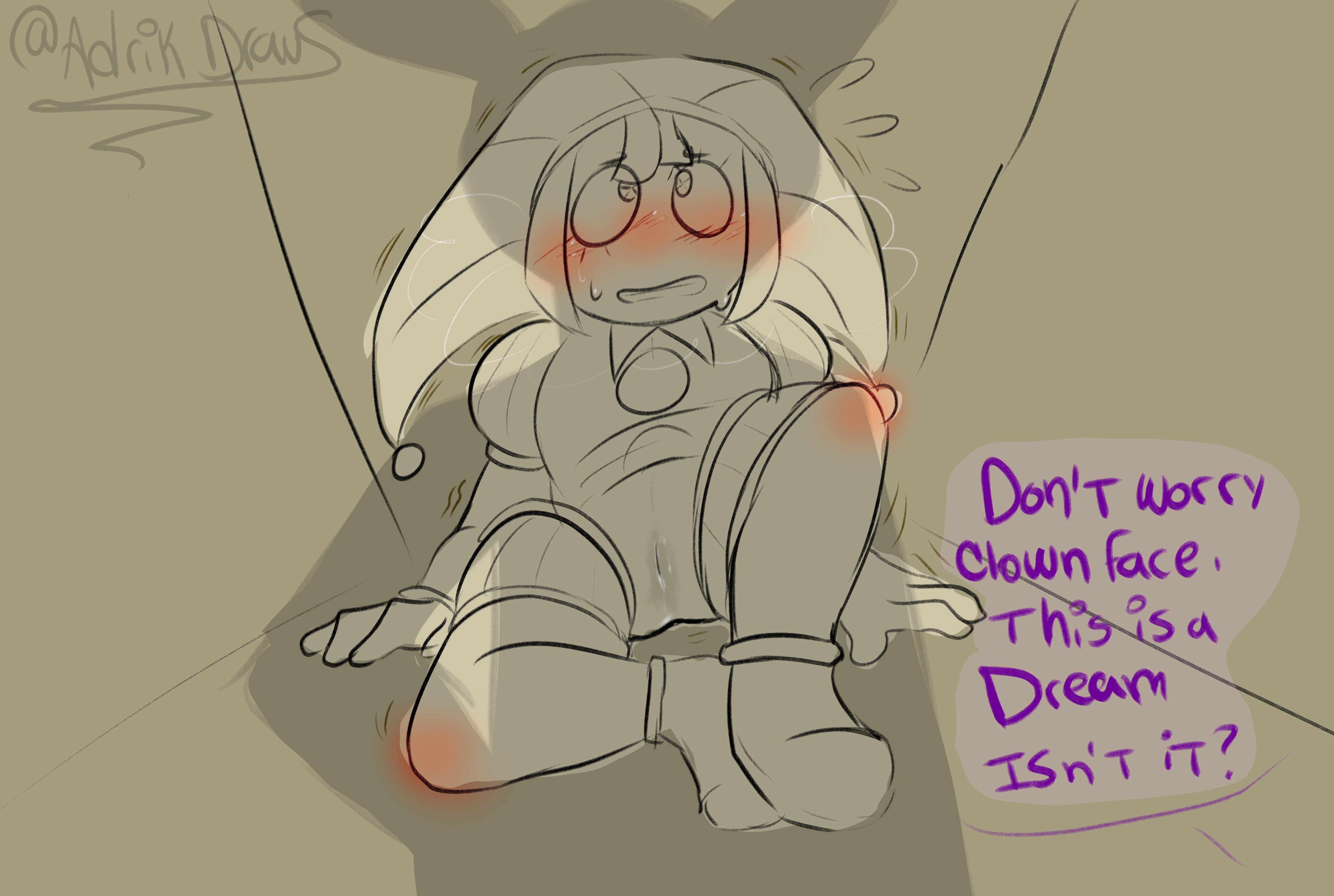 2023, 2d, 2d (artwork), 2d artwork, artist request, blush, dialogue, female, glitch productions, gloves, gooseworx, jax (the amazing digital circus), jester, jester cap, jester costume, jester girl, jester hat, jester outfit, looking at partner, lying, male, pomni, pomni (the amazing digital circus), pussy, short hair, straight, sweat, sweatdrop, sweating, the amazing digital circus, wet pussy