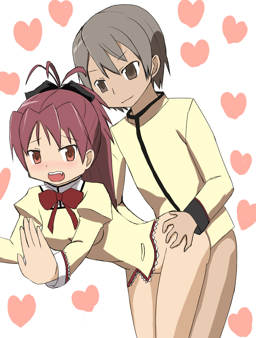 1boy 1boy1girl 1girls ambiguous_penetration anal anal_sex artist_request brown_hair clothed_sex doggy_style female heart hetero kamijou_kyousuke long_hair looking_at_viewer love magical_girl mahou_shoujo_madoka_magica male penis_in_ass penis_in_pussy puella_magi_madoka_magica red_eyes red_hair sakura_kyouko short_hair vaginal_penetration vaginal_sex