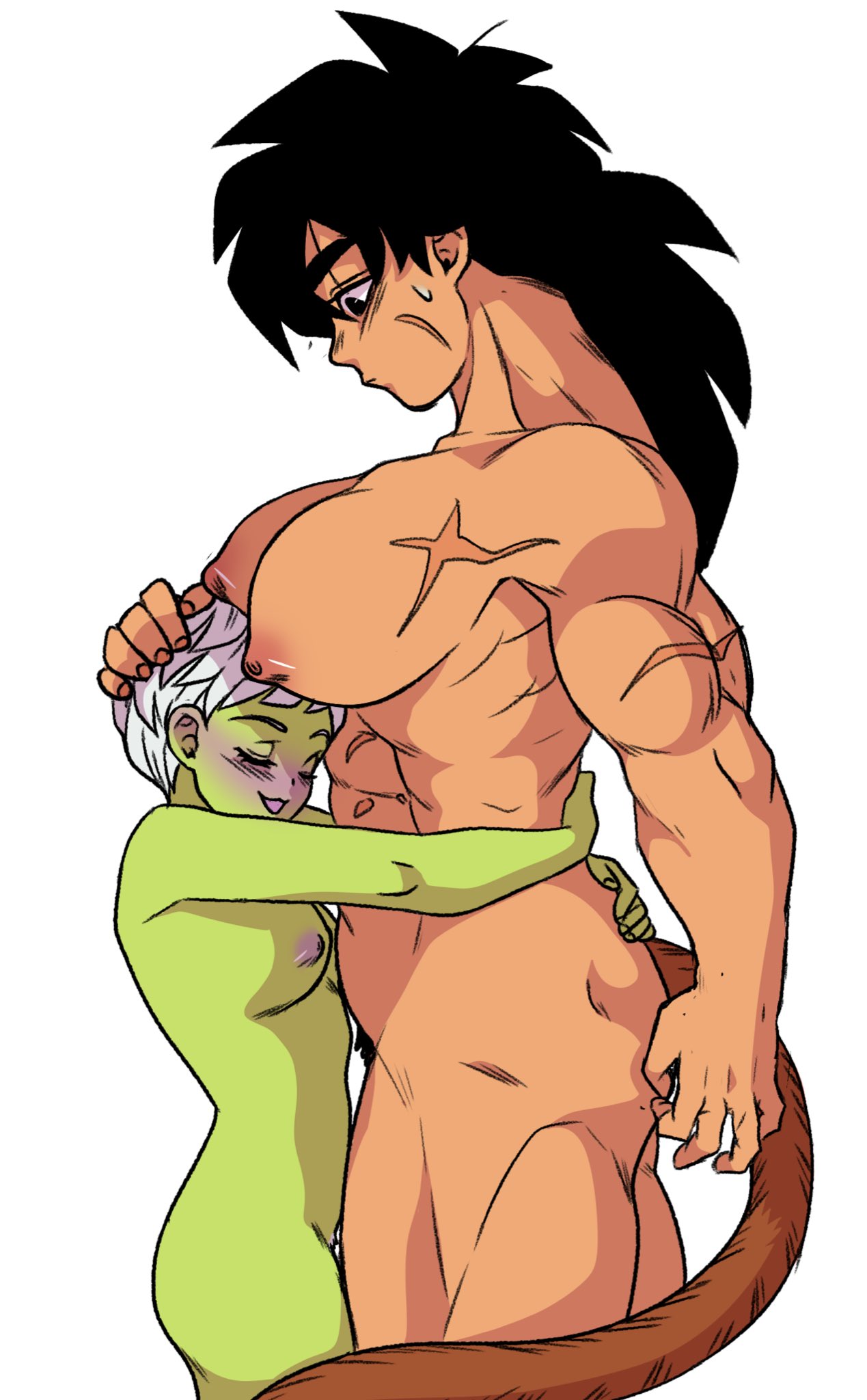 2girls abs big_breasts breasts broly broly_(dragon_ball_super) cheelai dragon_ball dragon_ball_super dragon_ball_z female female_broly genderswap_(mtf) hug multiple_girls muscular_female nude nude_female plumlewds pubic_hair rule_63 scar tail yuri