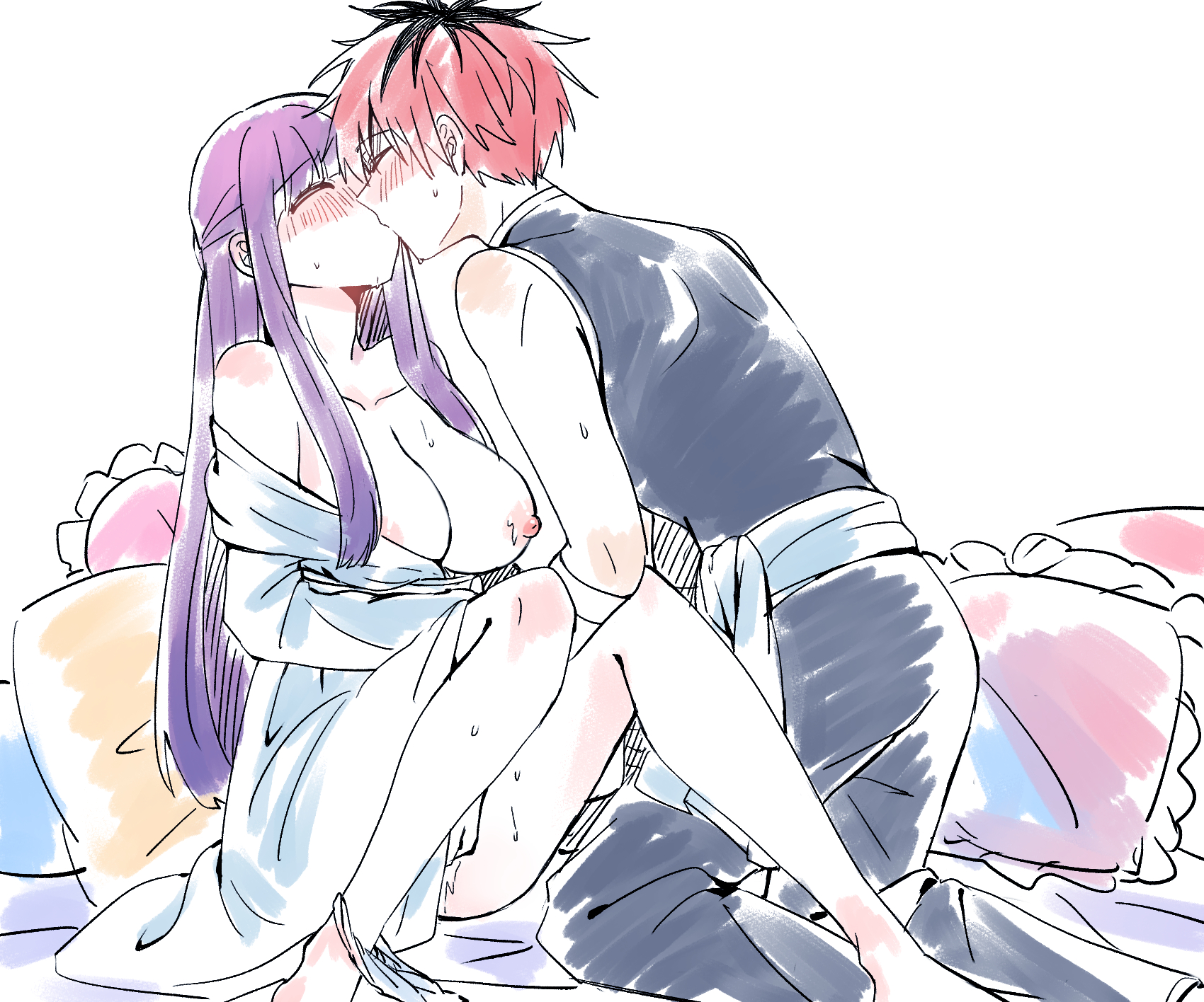 1boy, 1girls, bed, blush, breasts, closed eyes, clothed, clothing, color, female, fern (sousou no frieren), fingering, kissing, large breasts, male, nipples, ooooo 5o, panties, panties around leg, pillow, purple hair, red hair, sitting on bed, sousou no frieren, stark (sousou no frieren), underwear, white background, wholesome