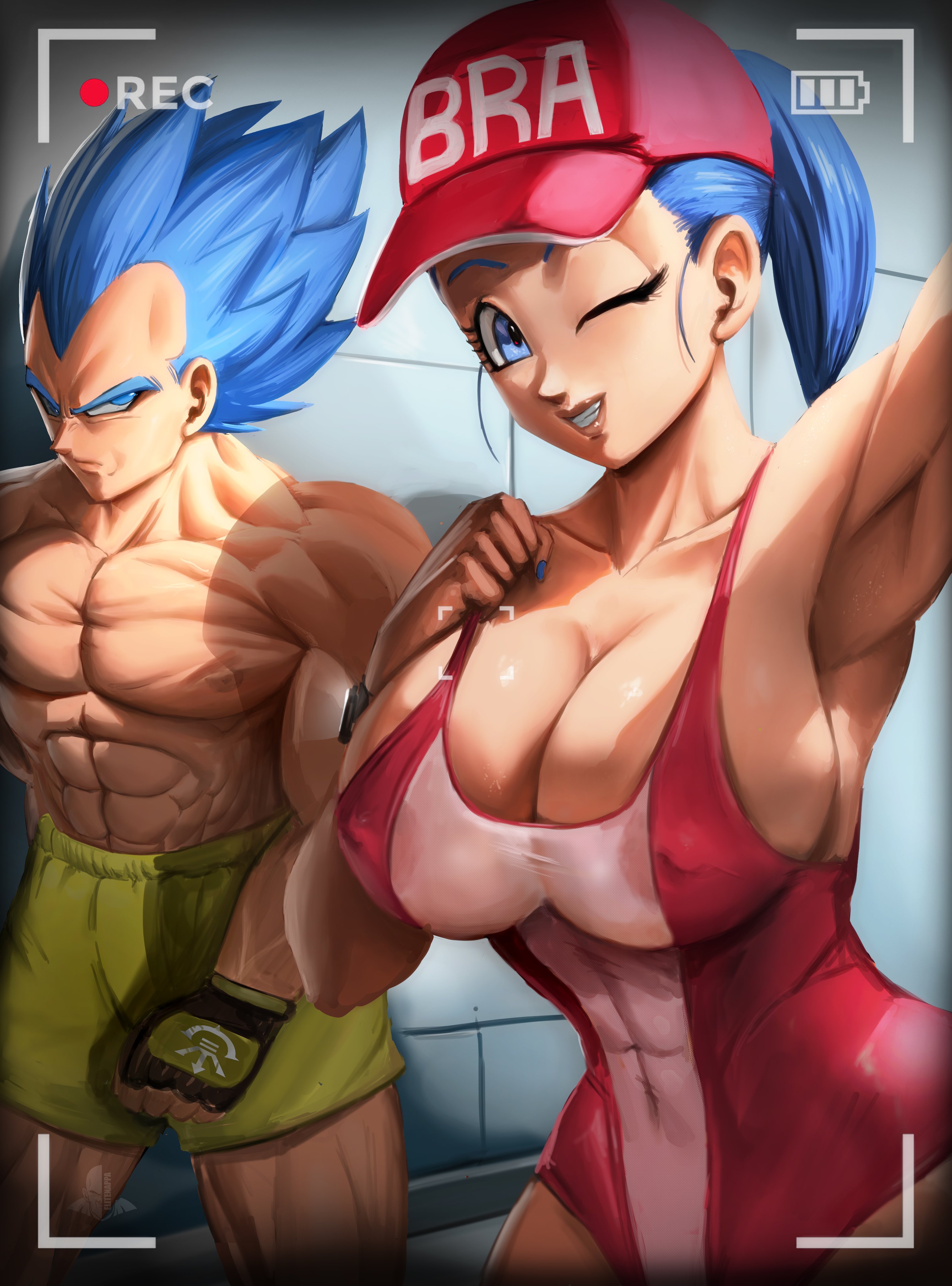 1boy, 1girls, abs, aged up, arm up, armpits, armwear, biceps, big breasts, black hair, blue eyes, blue hair, bra (dragon ball), bra briefs, breasts, daughter, dragon ball, dragon ball gt, ear piercing, earrings, elitenappa, father, father and daughter, female, female saiyan, gloves, hairband, huge breasts, human, large breasts, long hair, long-haired male, male, male saiyan, muscles, muscular, muscular male, pants, pecs, piercing, red hairband, saiyan, swimwear, topless, vegeta