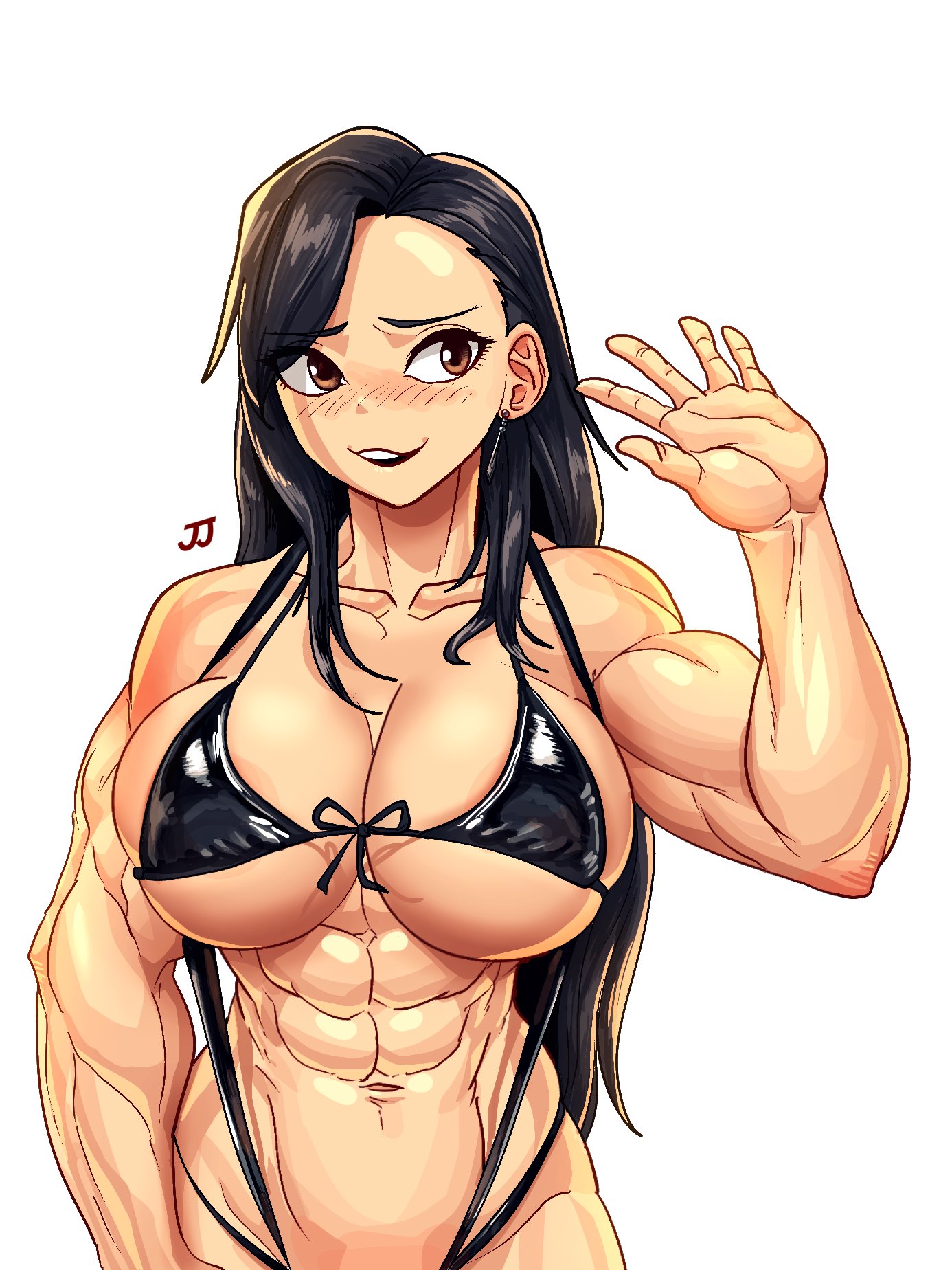 1girls, abs, alternate version at source, artist logo, biceps, bikini, black hair, blush, breasts, brown eyes, cleavage, earrings, female, final fantasy, final fantasy vii, hi res, large breasts, muscular, muscular arms, muscular female, navel, open mouth, simple background, smile, solo, sparkeyjinjin, swimsuit, tifa lockhart, underboob, white background