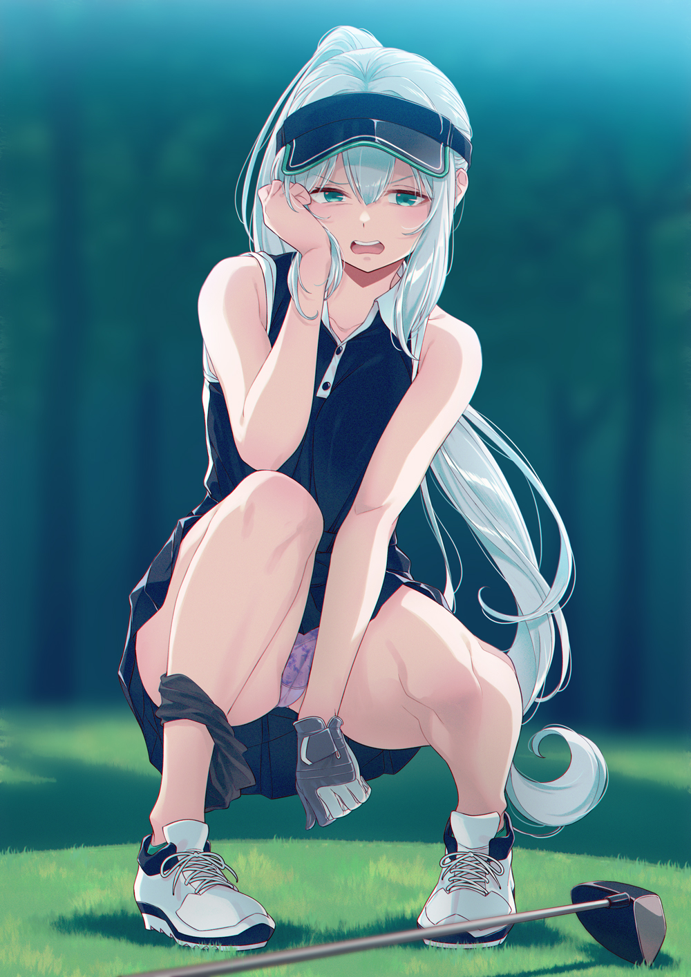 40hara clothed disgusted_look gloves golf_club long_hair looking_at_viewer panties ponytail squatting white_hair