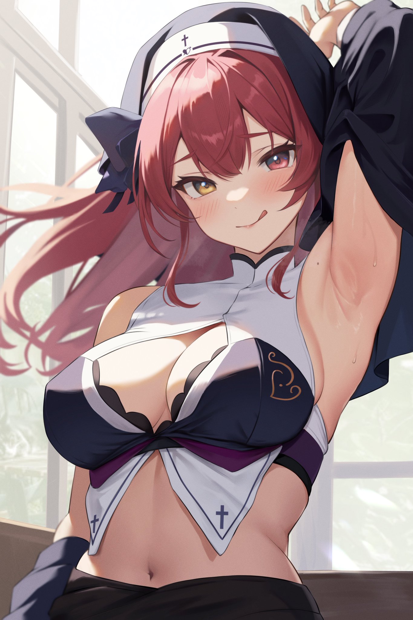 1girls, arm up, armpit, armpit crease, armpit fetish, armpit peek, armpits, bare shoulders, blush, breasts, cleavage, cleavage cutout, female, habit, hair between eyes, heterochromia, hololive, hololive fantasy, hololive japan, houshou marine, large breasts, licking lips, long hair, looking at viewer, nekorone0222, nun, red eyes, red hair, smile, sweat, upper body, virtual youtuber, yellow eyes