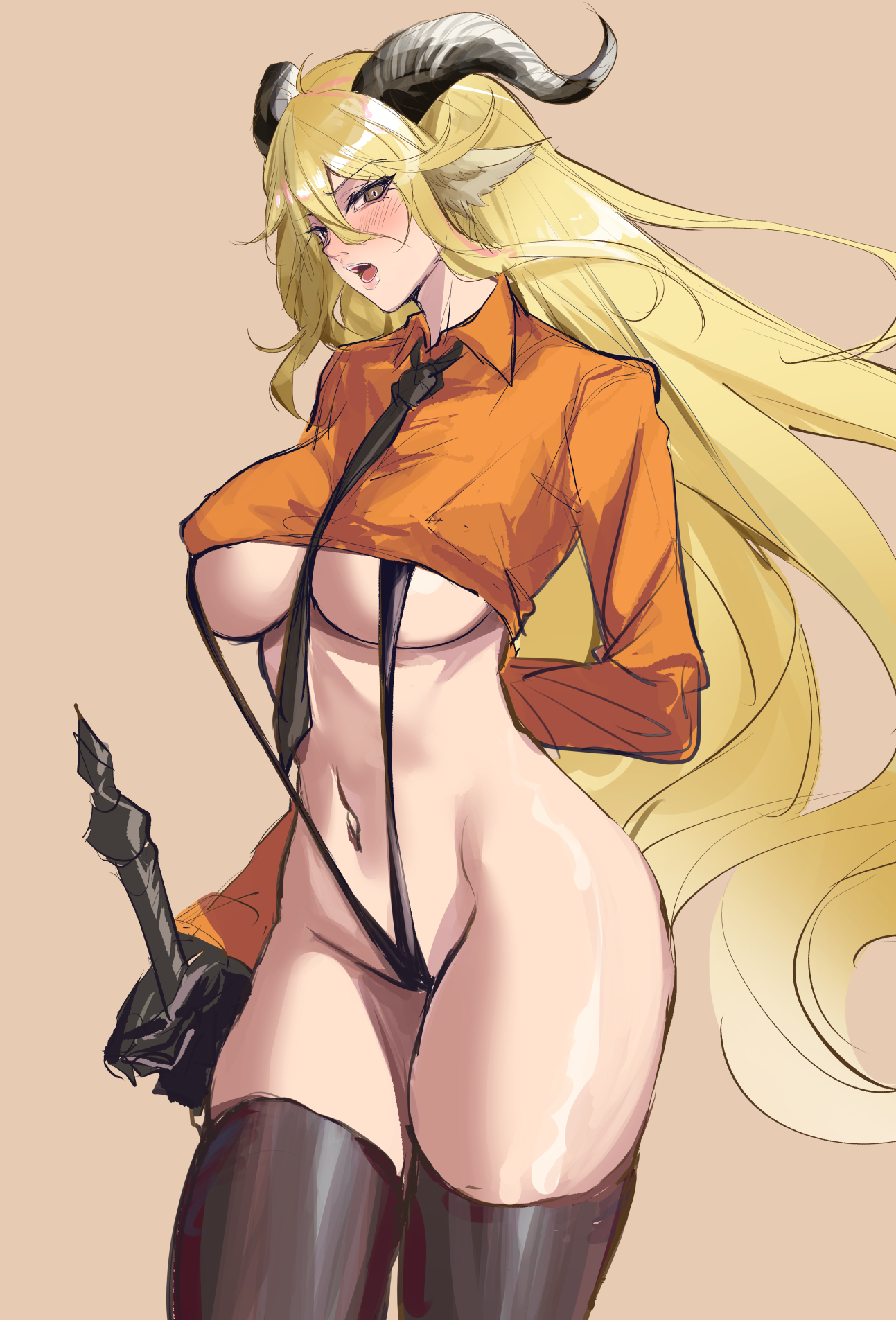 1girls, 2023, animal ear fluff, animal ears, arknights, arm behind back, belly, belly button, big breasts, big thighs, black legwear, blonde hair, blush, breasts, busty, curvaceous, curvy, degenbrecher (arknights), embarrassed, female, female only, fluffy, fluffy ears, gloves, goat ears, goat girl, goat horns, hair between eyes, hand behind back, hi res, hirumadou, holding object, holding sword, horns, huge breasts, huge thighs, kemonomimi, large breasts, large thighs, legs, legwear, light skin, light-skinned female, long hair, long sleeves, looking at viewer, massive breasts, massive thighs, midriff, navel, no bra, no panties, open mouth, seductive, seductive look, seductive pose, shiny skin, shirt, simple background, skimpy, solo, solo female, standing, stomach, sword, thick legs, thick thighs, thighs, tie, underboob, very long hair, voluptuous