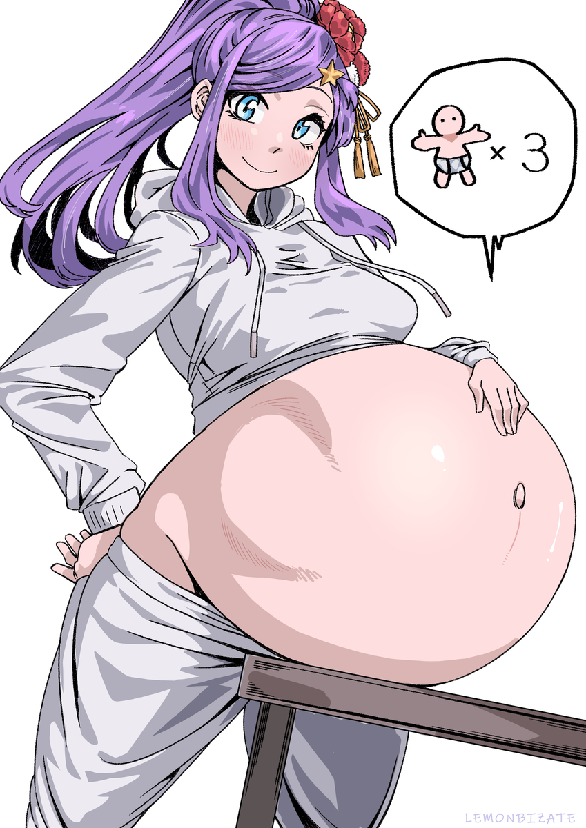 anastasia_hoshin blue_eyes disproportional hair_clip hair_ornament happy happy_female hoodie hyper_belly hyper_pregnancy lemonbizate lemonbizate_(artist) multiple_pregnancies pregnancy pregnant pregnant_belly pregnant_female pregnant_with_multiples purple_hair re:zero_kara_hajimeru_isekai_seikatsu sweatpants sweats sweatsuit triplets