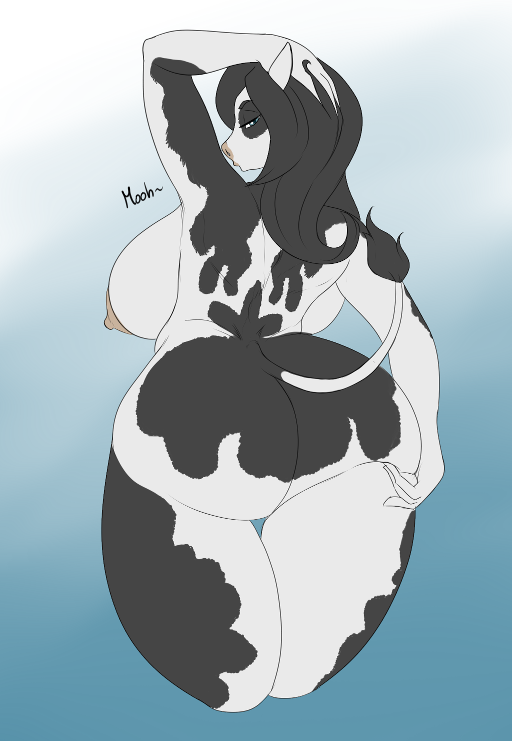 anthro ass big_breasts big_butt blackbetty bovid bovine breasts cattle female hair hi_res looking_at_viewer looking_back mammal nipples original_character rear_view simple_background solo tail thick_thighs