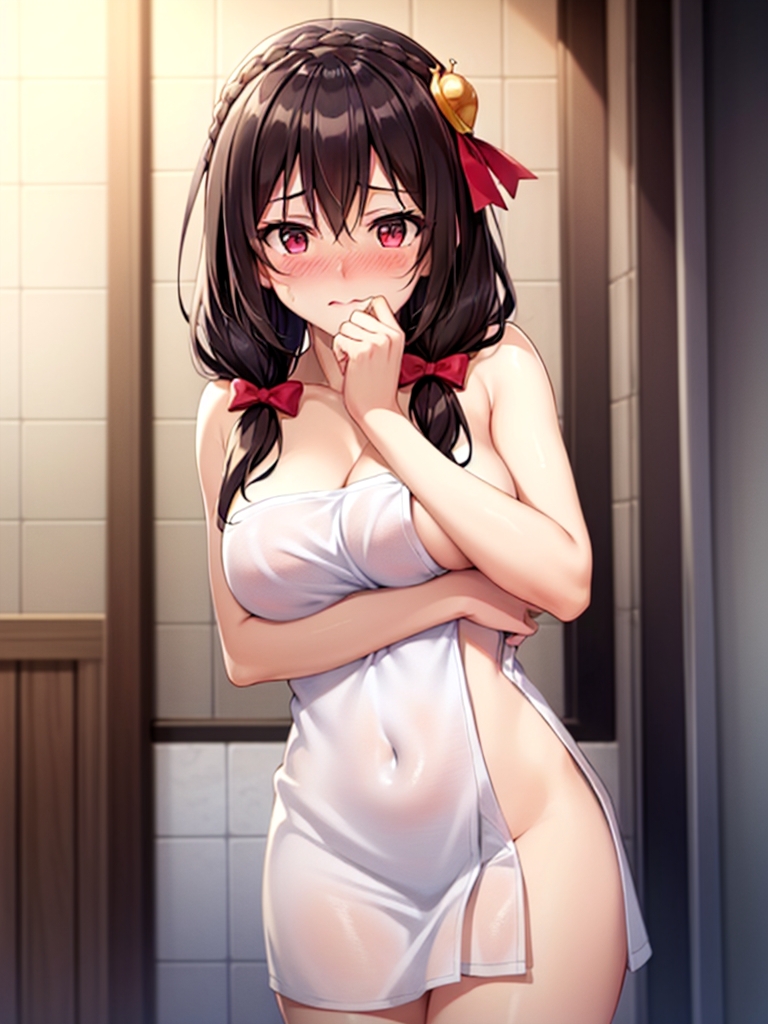 1girls, ai generated, big breasts, big hips, big thighs, breasts, embarrassed, female, female only, kono subarashii sekai ni shukufuku wo!, maks general, naked towel, solo, stable diffusion, yunyun (konosuba)