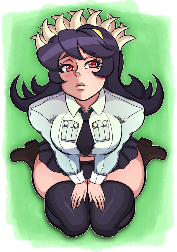 1girls acraeaaconite big_breasts black_hair boobs clothed_female filia_(skullgirls) green_background light-skinned_female on_knees red_eyes samson_(skullgirls) sharp_teeth shoes skirt skullgirls solo solo_female stockings thick_thighs thighs white_background