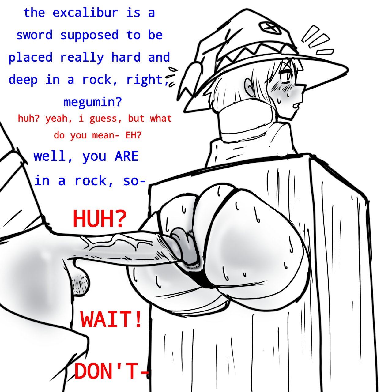 1boy, 1girls, ass, dialogue, english text, female, kono subarashii sekai ni shukufuku wo!, male, megumin, satou kazuma, sex box, text, uncensored, wiirart
