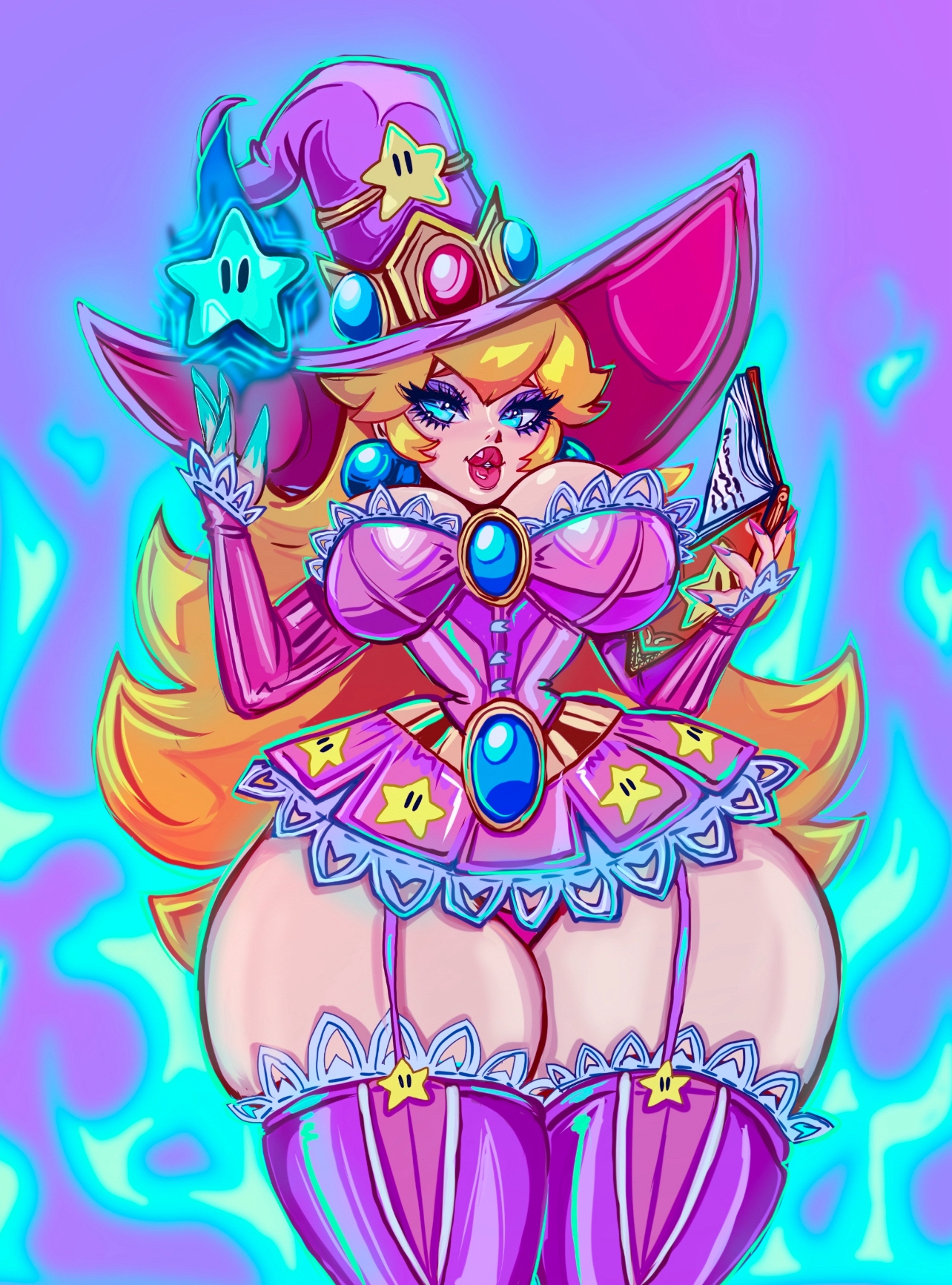 1girls, ass, big ass, big breasts, big legs, big lips, bimbo, breasts, female, halloween, hourglass figure, huge ass, huge breasts, lips, magic, mario (series), nintendo, princess peach, star, super mario bros., theartofmathew, thick lips, thick thighs, thighhighs, thighs, witch, witch hat