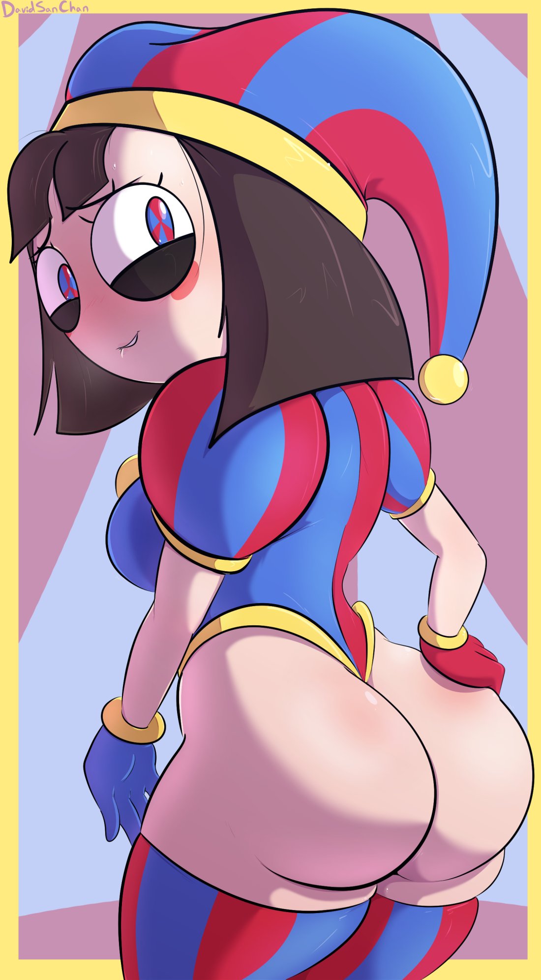 2023, 2d, 2d (artwork), 2d artwork, ass, back, back view, big ass, big breasts, blush, breasts, brown hair, davidsanchan, female, female only, glitch productions, gloves, gooseworx, jester, jester cap, jester costume, jester girl, jester hat, jester outfit, looking at viewer, looking back, nervous, pomni (the amazing digital circus), short hair, solo, the amazing digital circus, thick thighs, thighs, white body