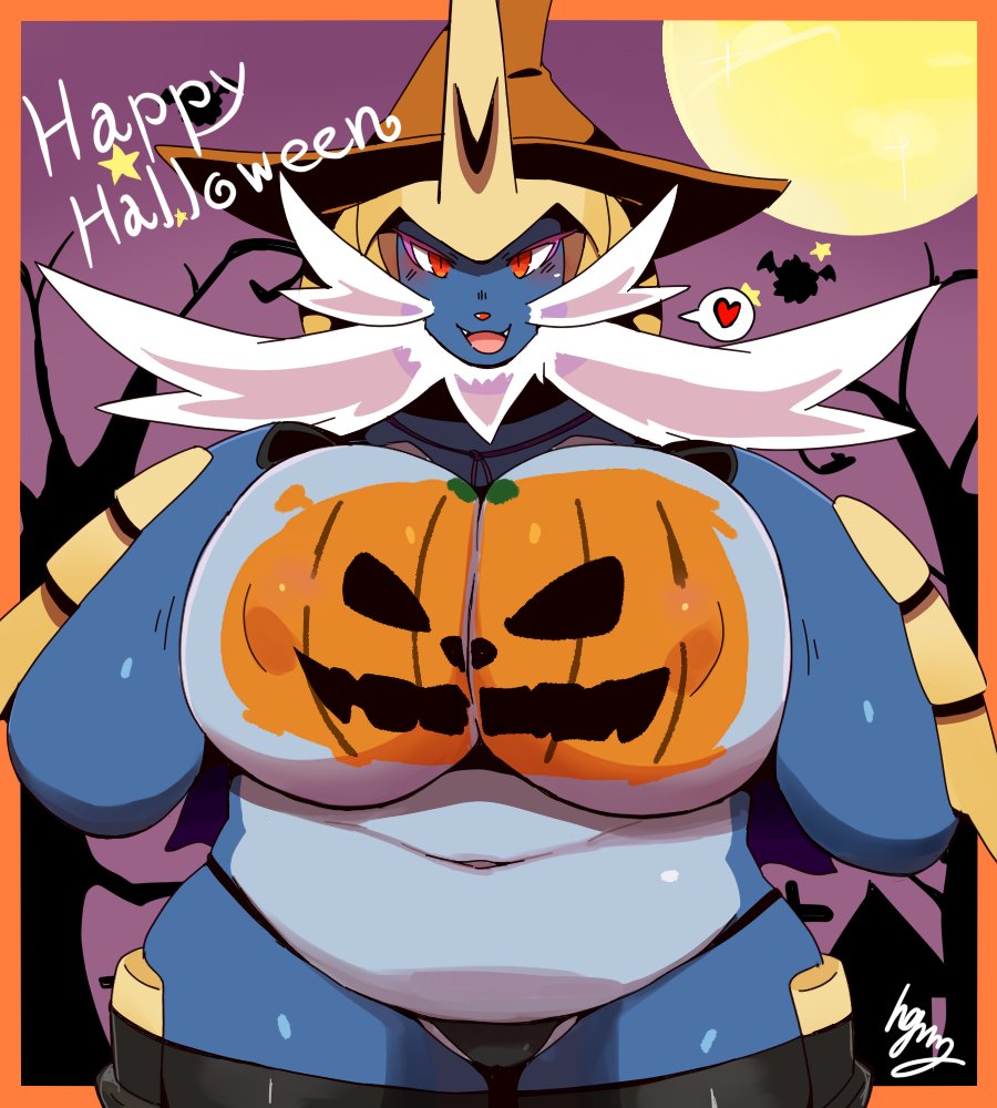 big_breasts bodypaint breasts female halloween huge_breasts pokémon_(species) pokemon pumpkin pumpkin_boobs samuches samurott thick_thighs wide_hips