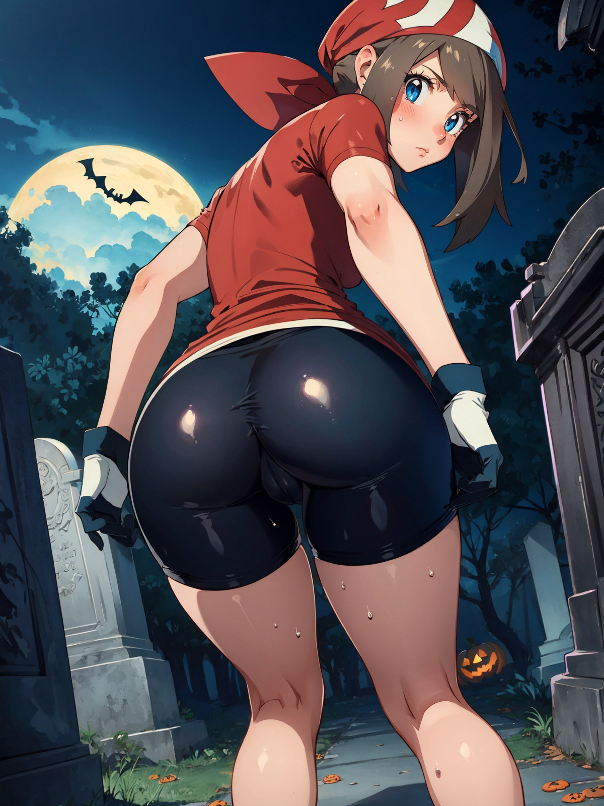 ai generated, ass, blue eyes, blush, brown hair, closed mouth, clothing, female, headband, looking back, may (pokemon), night, night sky, pokemon