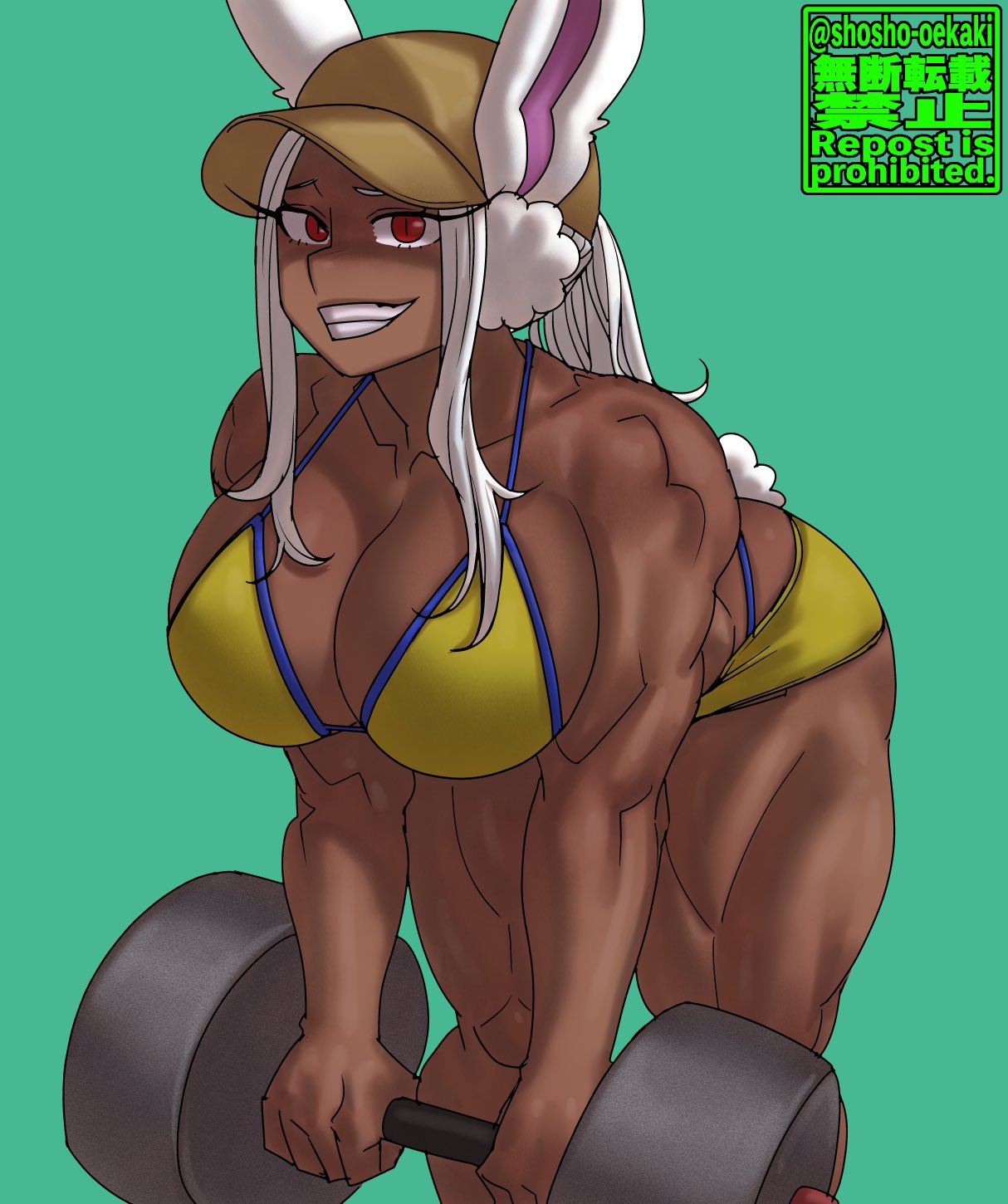 1girls, ass, ass visible through thighs, big breasts, bikini, bikini top, breasts, bunny ears, cleavage, dark skin, dark-skinned female, female, female only, implied ass cleavage, large breasts, looking at viewer, miruko, muscular, muscular arms, muscular female, muscular thighs, my hero academia, rabbit ears, red eyes, shosho oekaki, solo, solo female, solo focus, thick thighs, thighs, weightlifting, weights, white background, white hair, wide hips