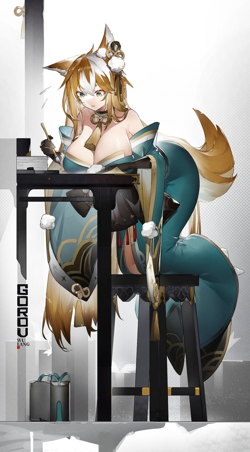 1girls, bare shoulders, big breasts, breasts, busty, cleavage, dog ears, dog girl, dog tail, female, female focus, female only, genderswap, genderswap (mtf), genshin impact, gorou (genshin impact), horny, large breasts, long hair, ms hina (genshin impact), rule 63, solo, strapless, tail, two-tone hair, writing, zipplin