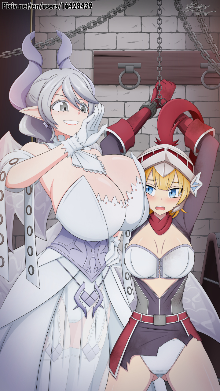 2girls alternate_breast_size arms_up big_breasts blue_eyes bound bound_wrists breasts breasts_on_face clothed clothing demon_girl dress duel_monster female_only fully_clothed gloves gray_eyes gray_hair grey_eyes grey_hair hand_on_hip horns huge_breasts knight knight_helmet labrynth_of_the_silver_castle lovely_labrynth_of_the_silver_castle luna_xd multiple_girls panties pointy_ears restrained see-through see-through_clothing shackles torn_clothes torn_clothing torn_skirt translucent_clothing white_dress white_gloves wrist_cuffs wrists_tied yu-gi-oh!