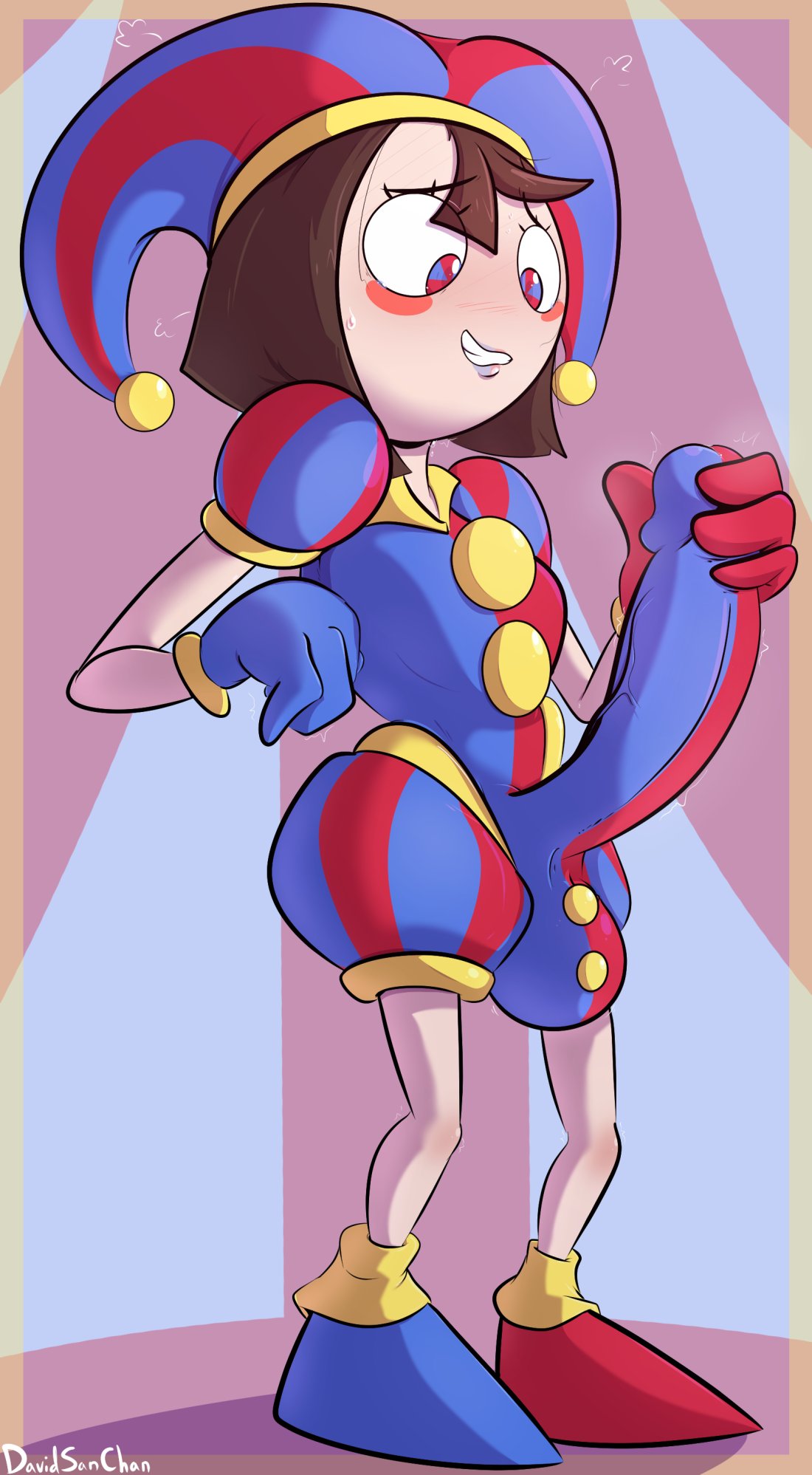 2023, 2d, 2d (artwork), 2d artwork, brown hair, bulge, davidsanchan, erection under clothes, female, futa focus, futa only, futanari, glitch productions, gloves, gooseworx, intersex, jester, jester cap, jester costume, jester girl, jester hat, jester outfit, large penis, looking at penis, masturbation through clothing, penis, pomni (the amazing digital circus), short hair, solo futa, the amazing digital circus, touching penis, white body